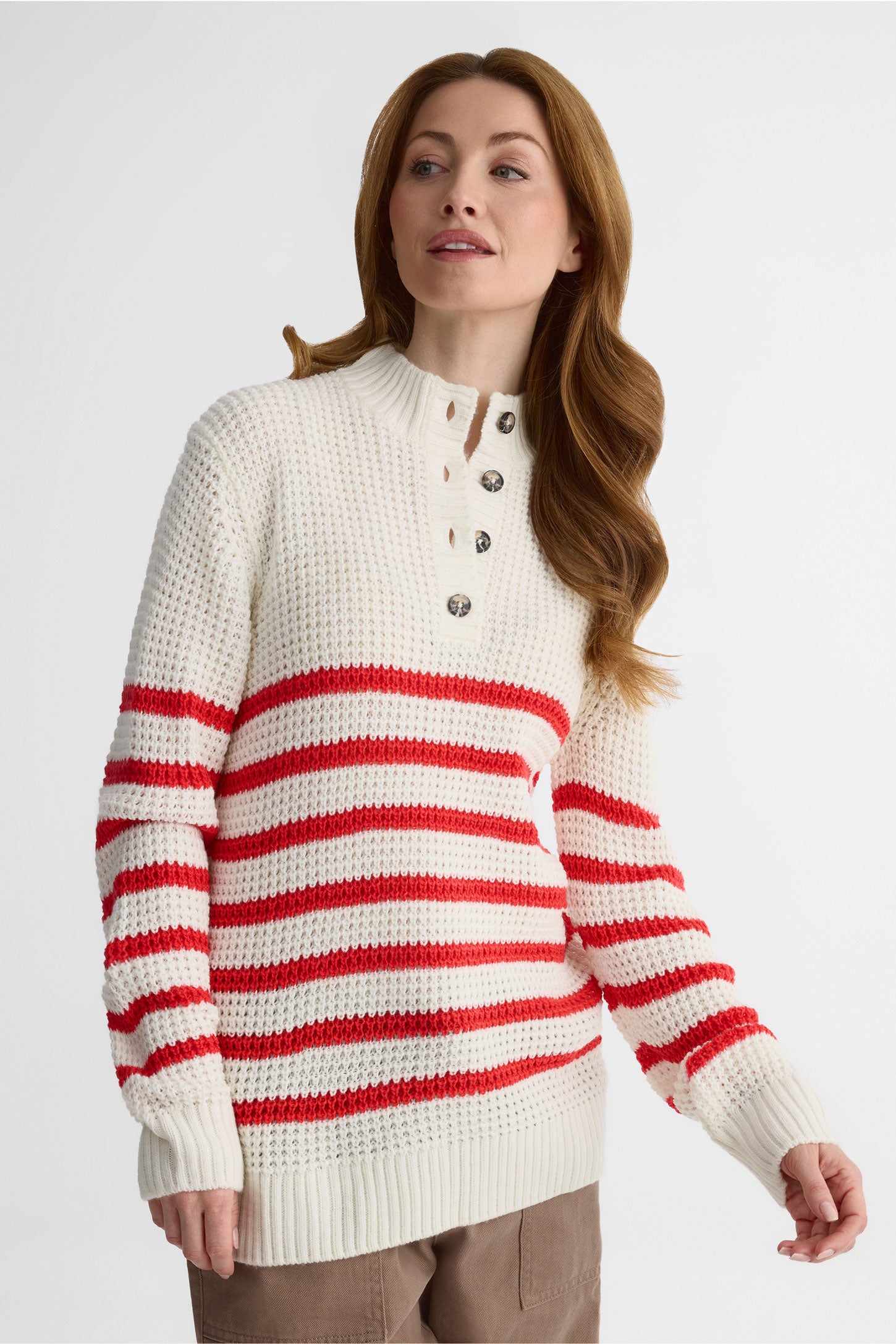 Chandail tricot col Henley à manches longues - Femme && ROUGE/MULTI