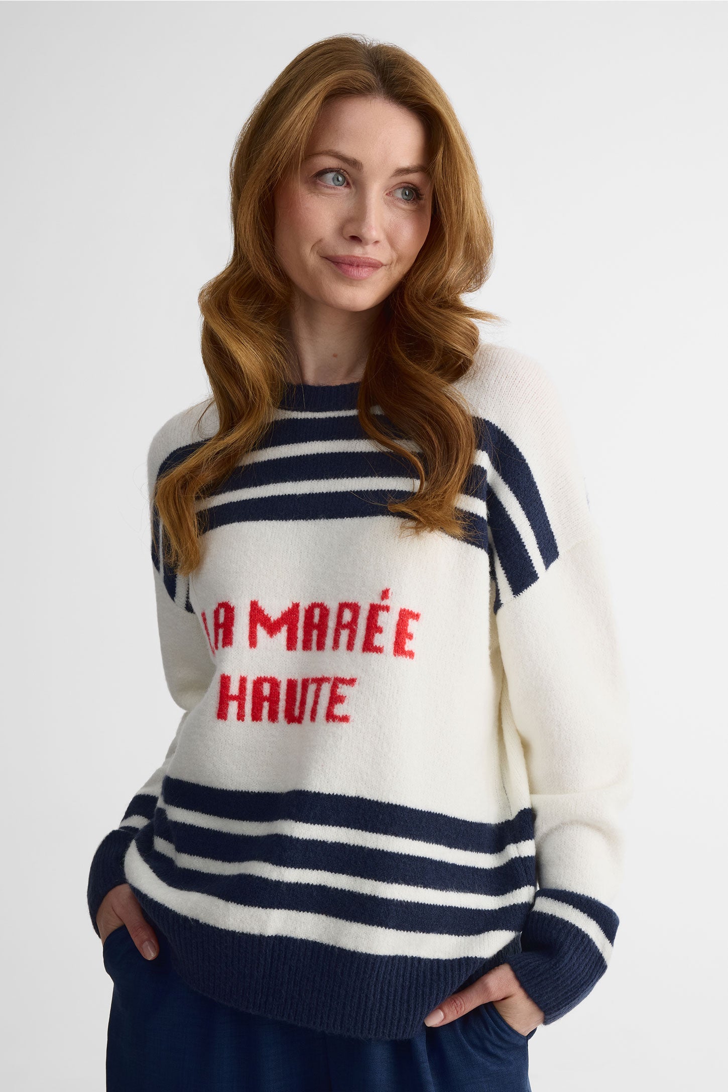 Chandail tricot col rond à manches longues - Femme && MARIN/MULTI