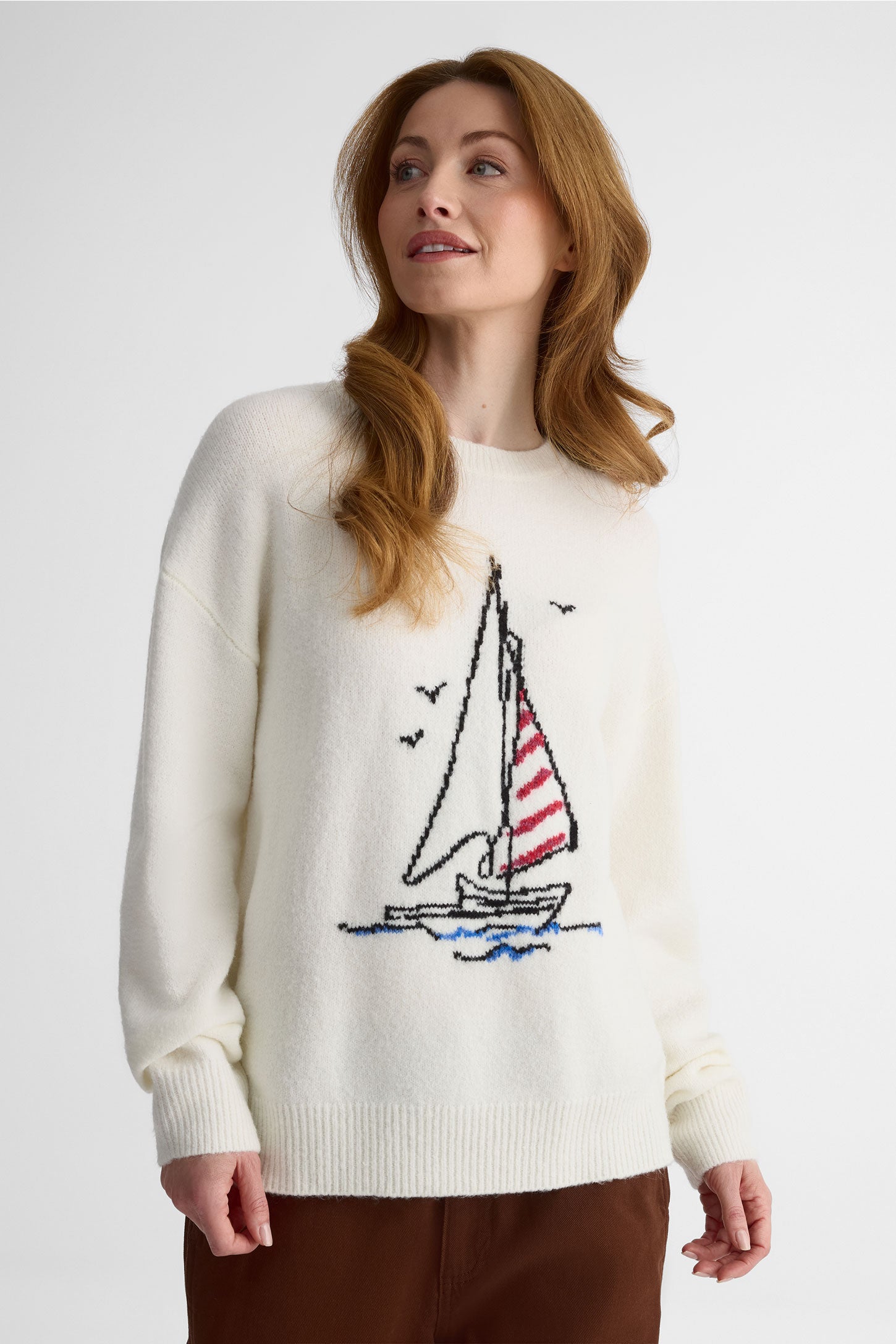 Chandail tricot col rond à manches longues - Femme && BLANC CASSÉ/MULTI
