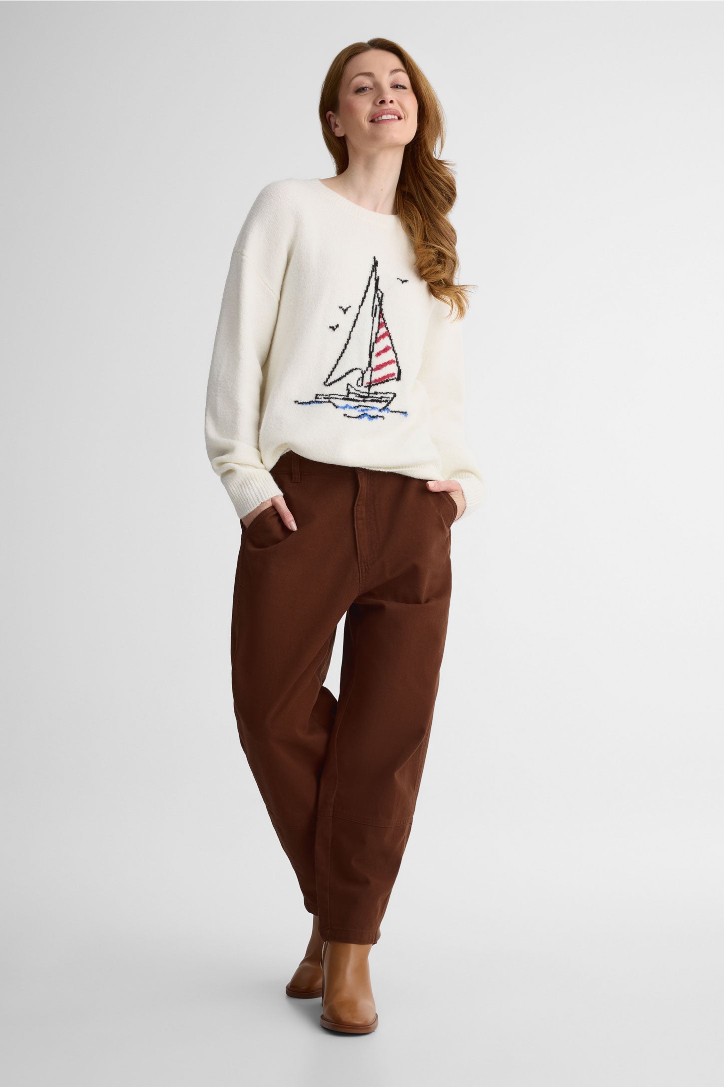 Chandail tricot col rond à manches longues - Femme && BLANC CASSÉ/MULTI
