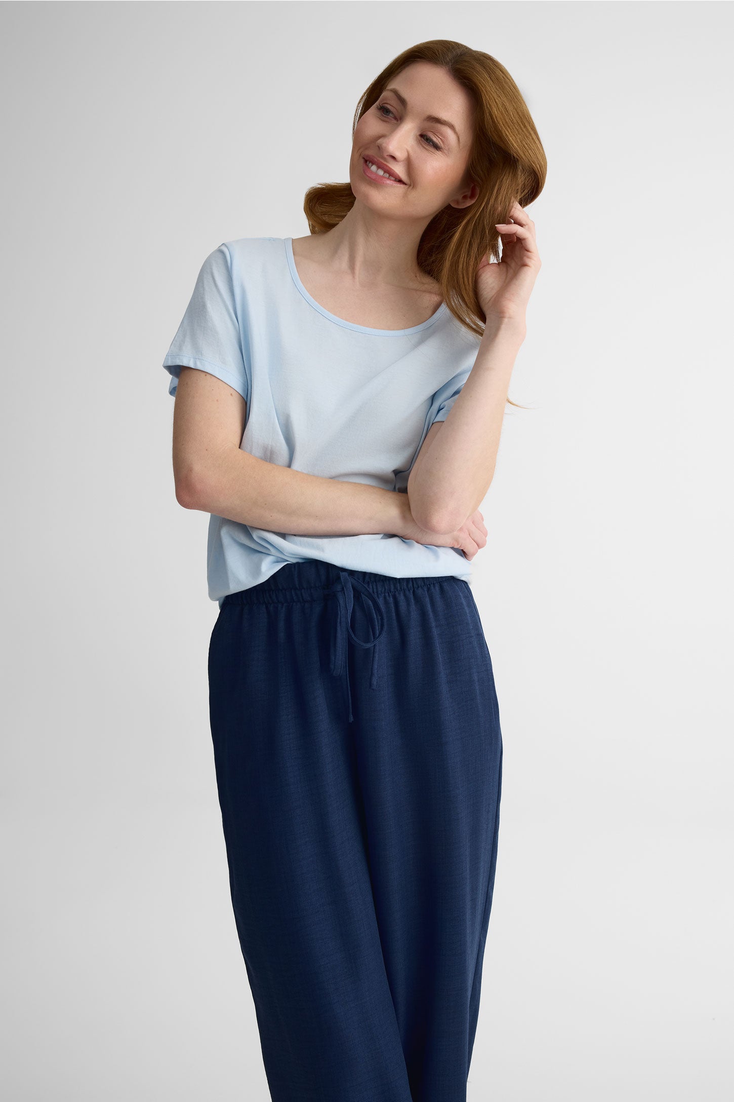 T-shirt col rond léger en coton - Femme && BLEU