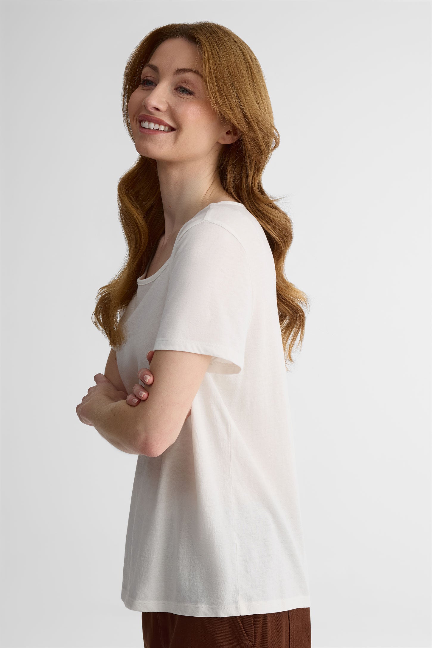 T-shirt col rond léger en coton - Femme && BLANC CASSÉ