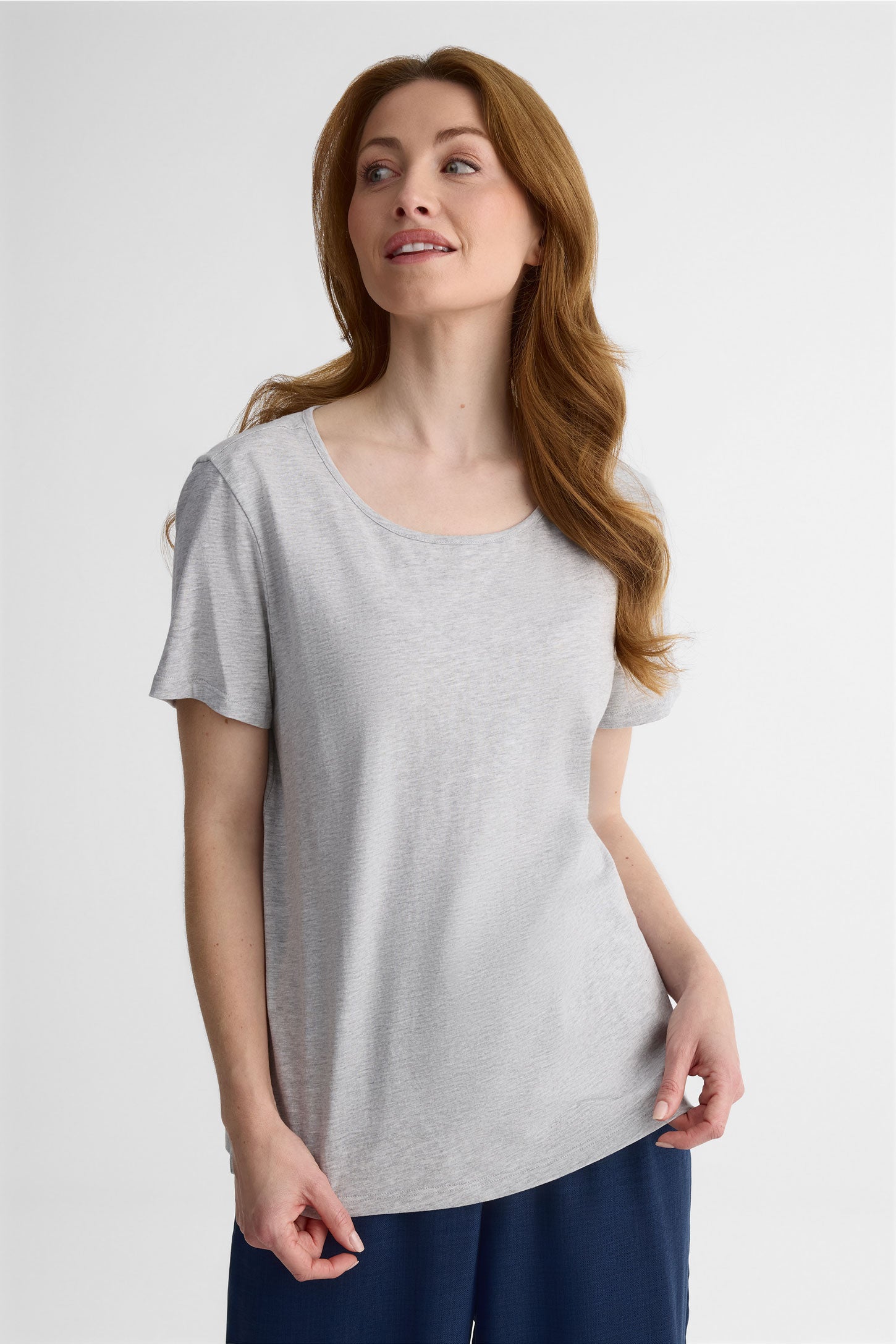 T-shirt col rond léger en coton - Femme && GRIS MIXTE