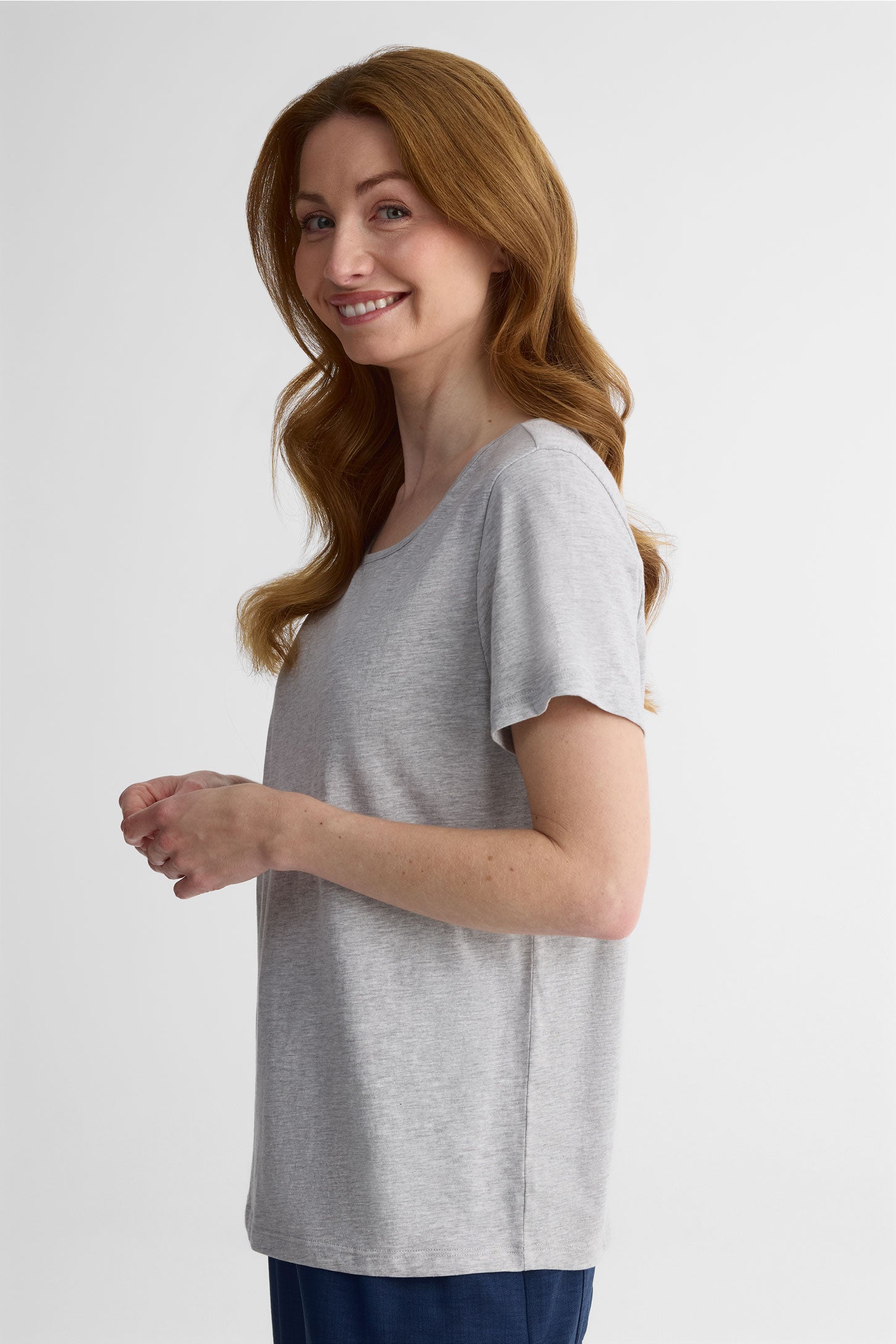 T-shirt col rond léger en coton - Femme && GRIS MIXTE