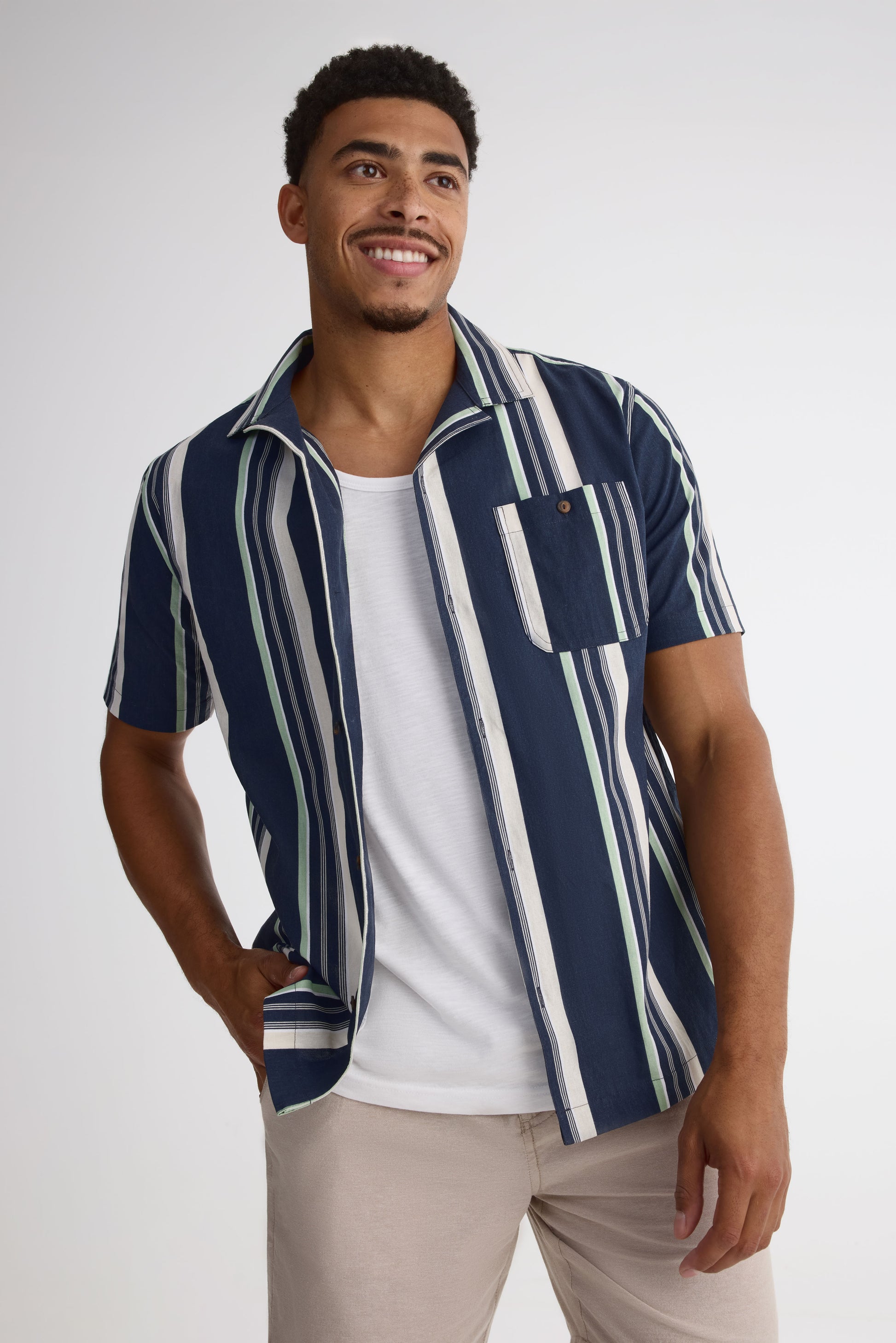 Chemise m/courtes col cubain en chambray - Homme && MARIN/MULTI