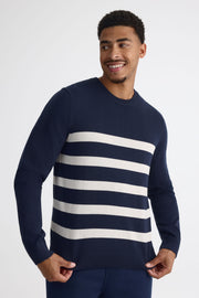 Chandail tricot rayé col rond – Homme && MARIN