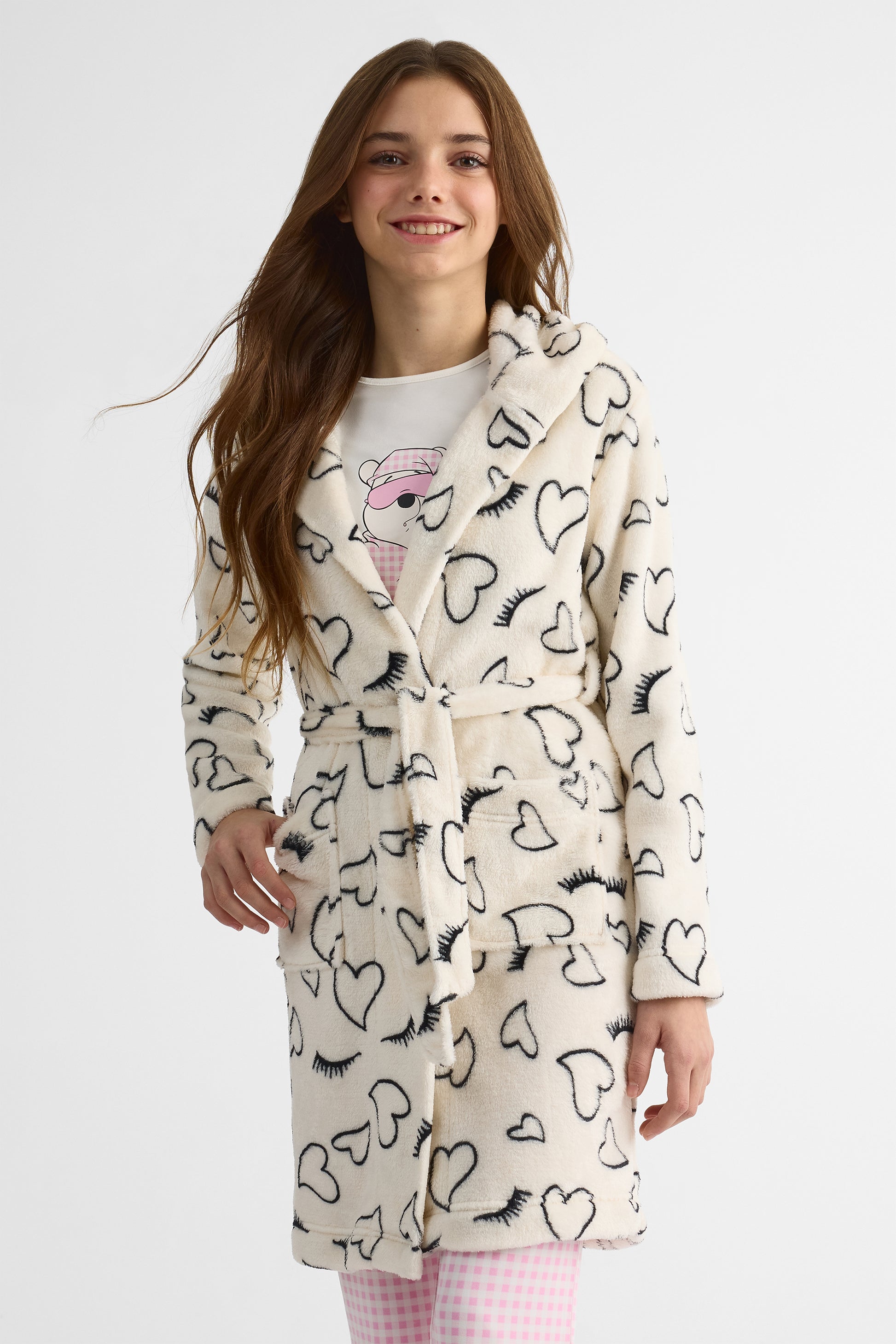 Robe de chambre en plush avec capuchon - Ado garçon && BLANC CASSÉ/MULTI