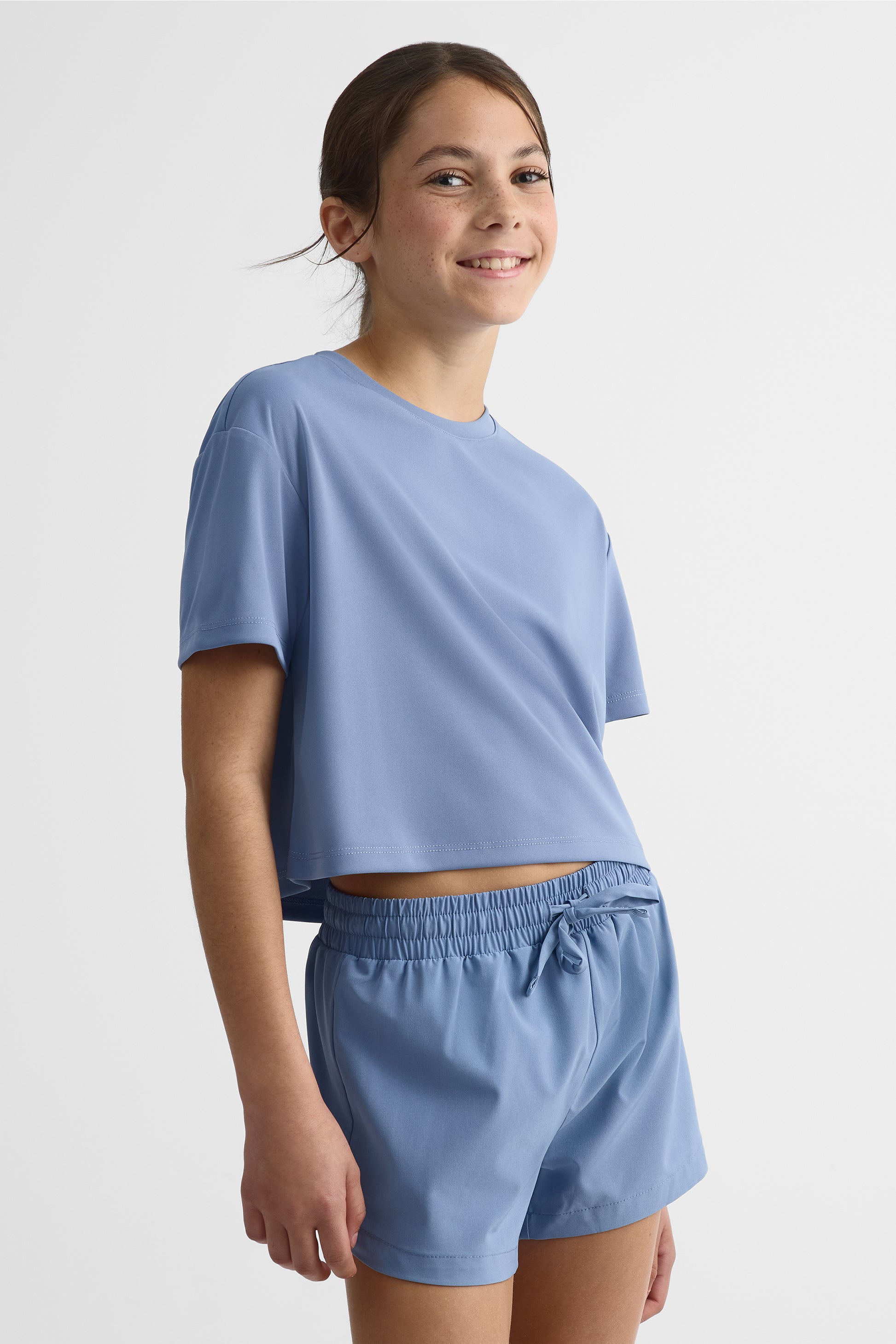 Chandail crop M/courtes respirant – Ado fille && BLEU
