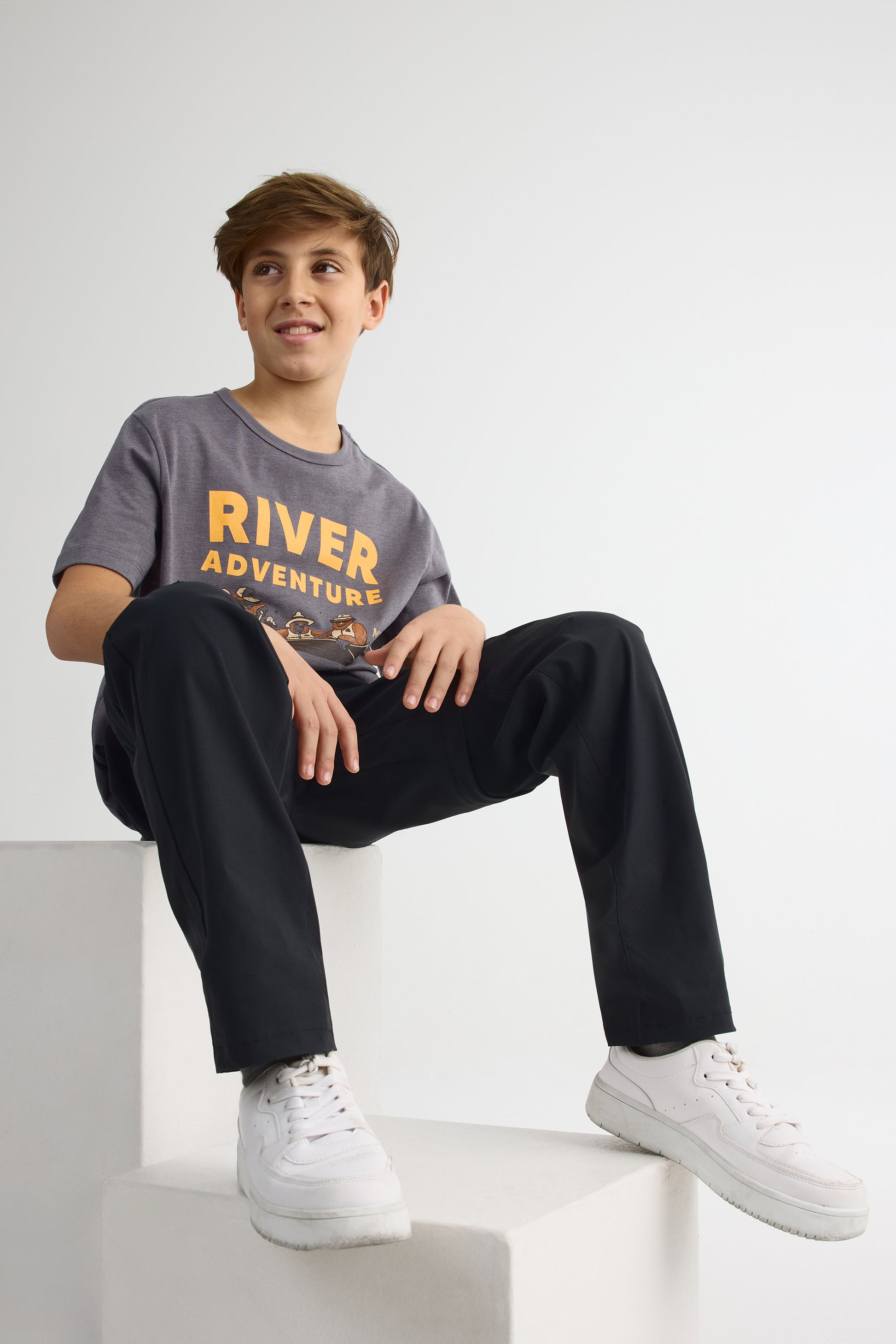 T-shirt graphique col rond en poly coton - Ado garçon && GRIS MIXTE