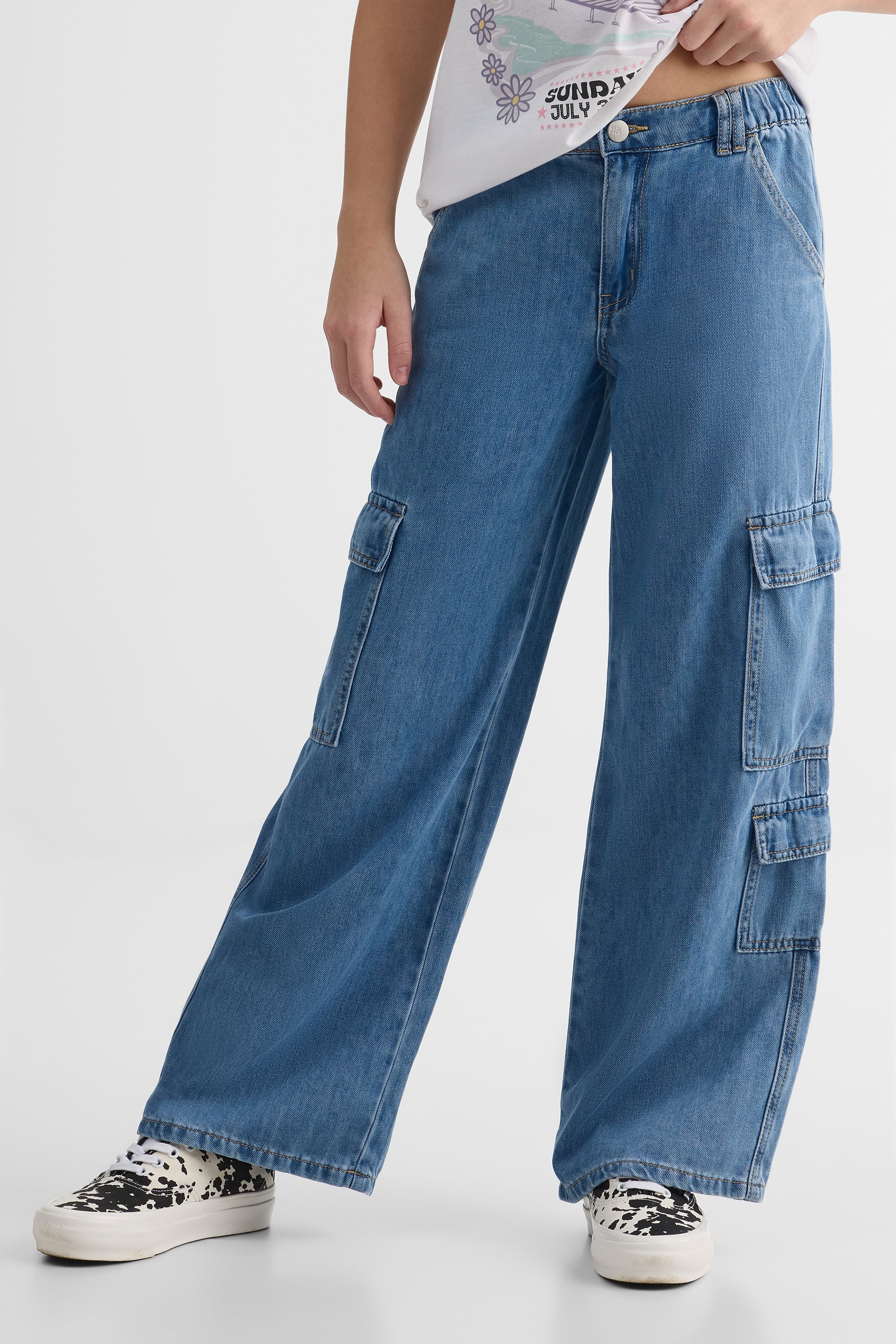 Pantalon cargo denim léger – Ado fille && DENIM MOYEN