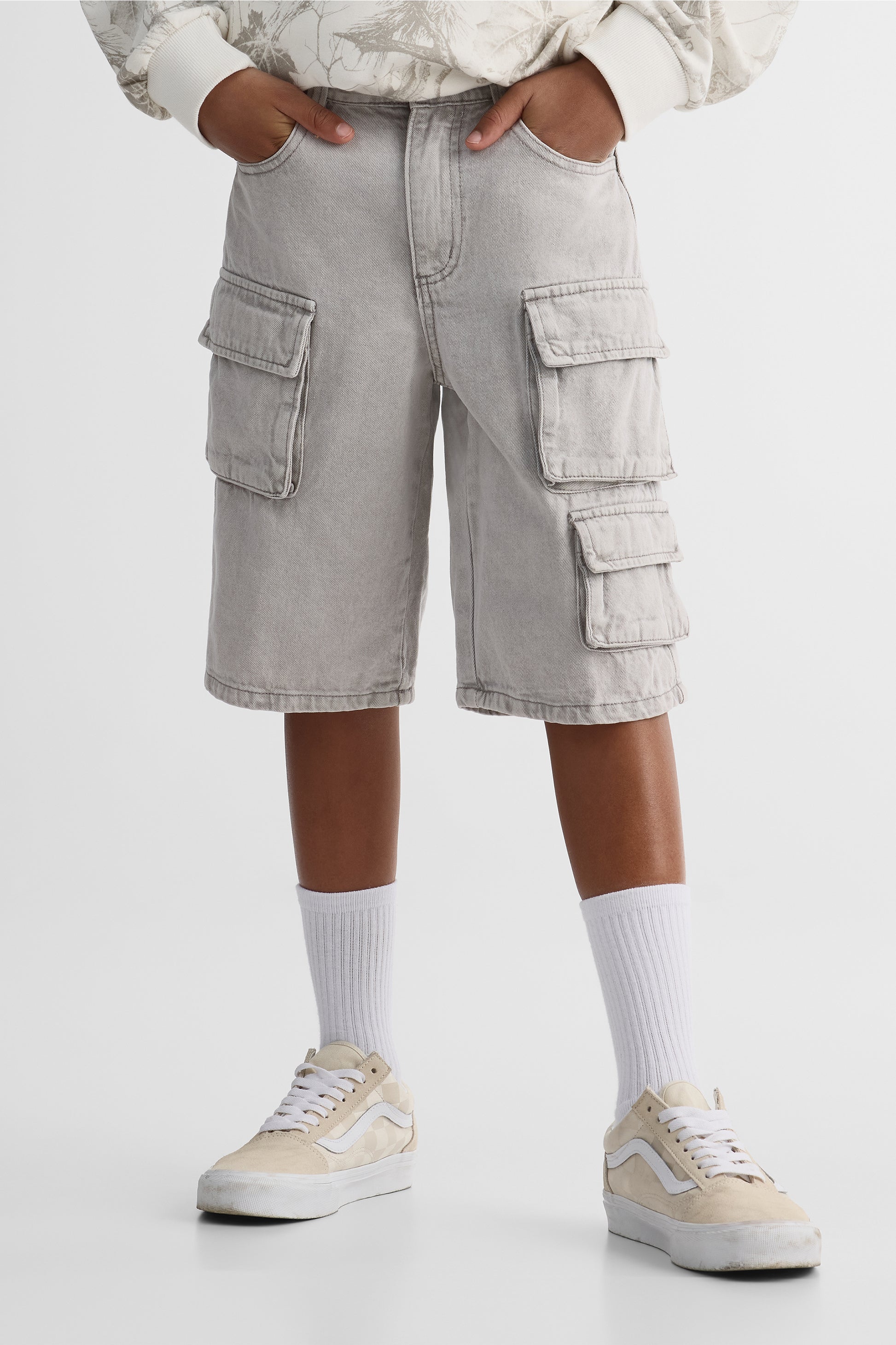 Baggy denim shorts with cargo pockets - Girl's teen && DENIM GRIS