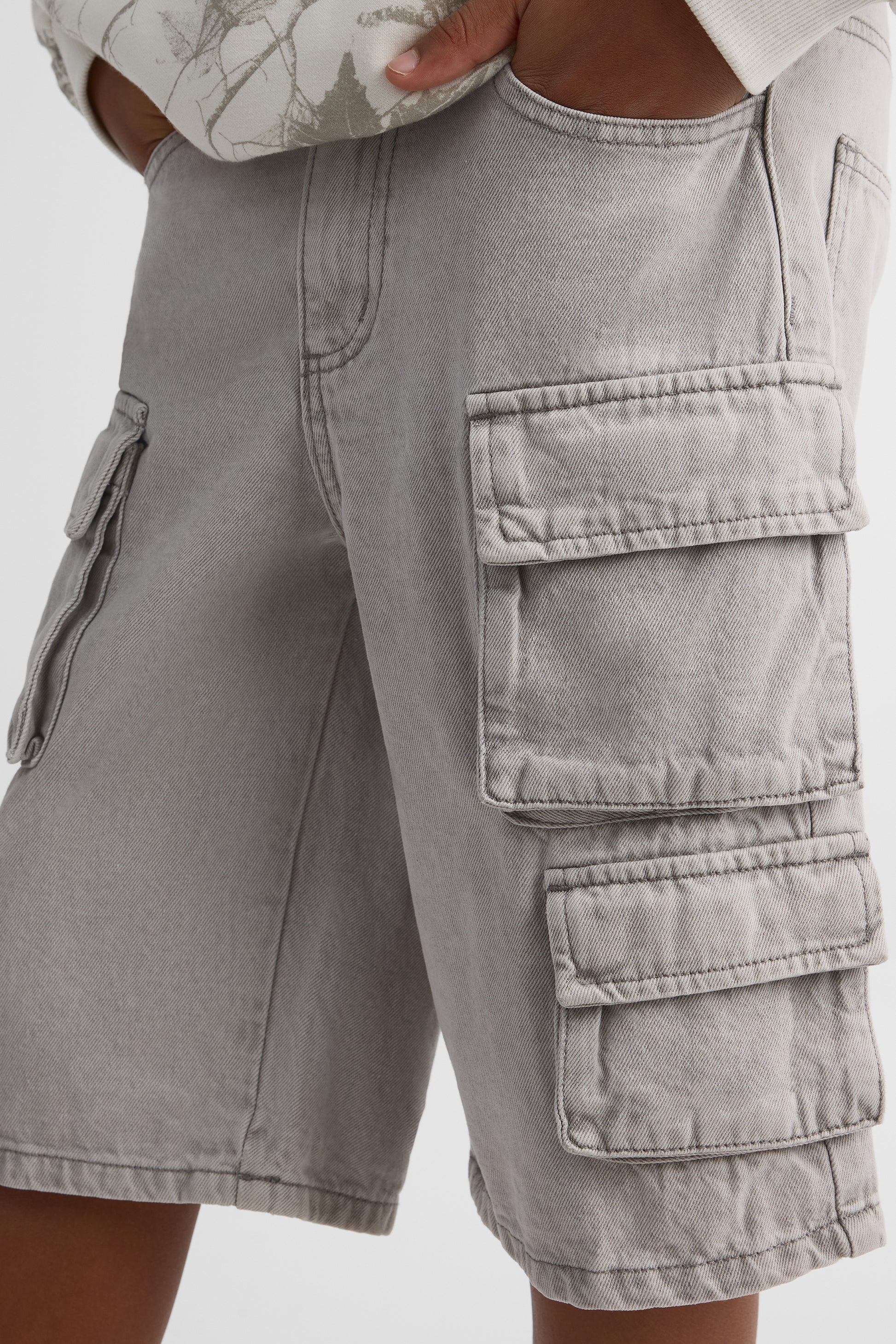 Baggy denim shorts with cargo pockets - Girl's teen && DENIM GRIS