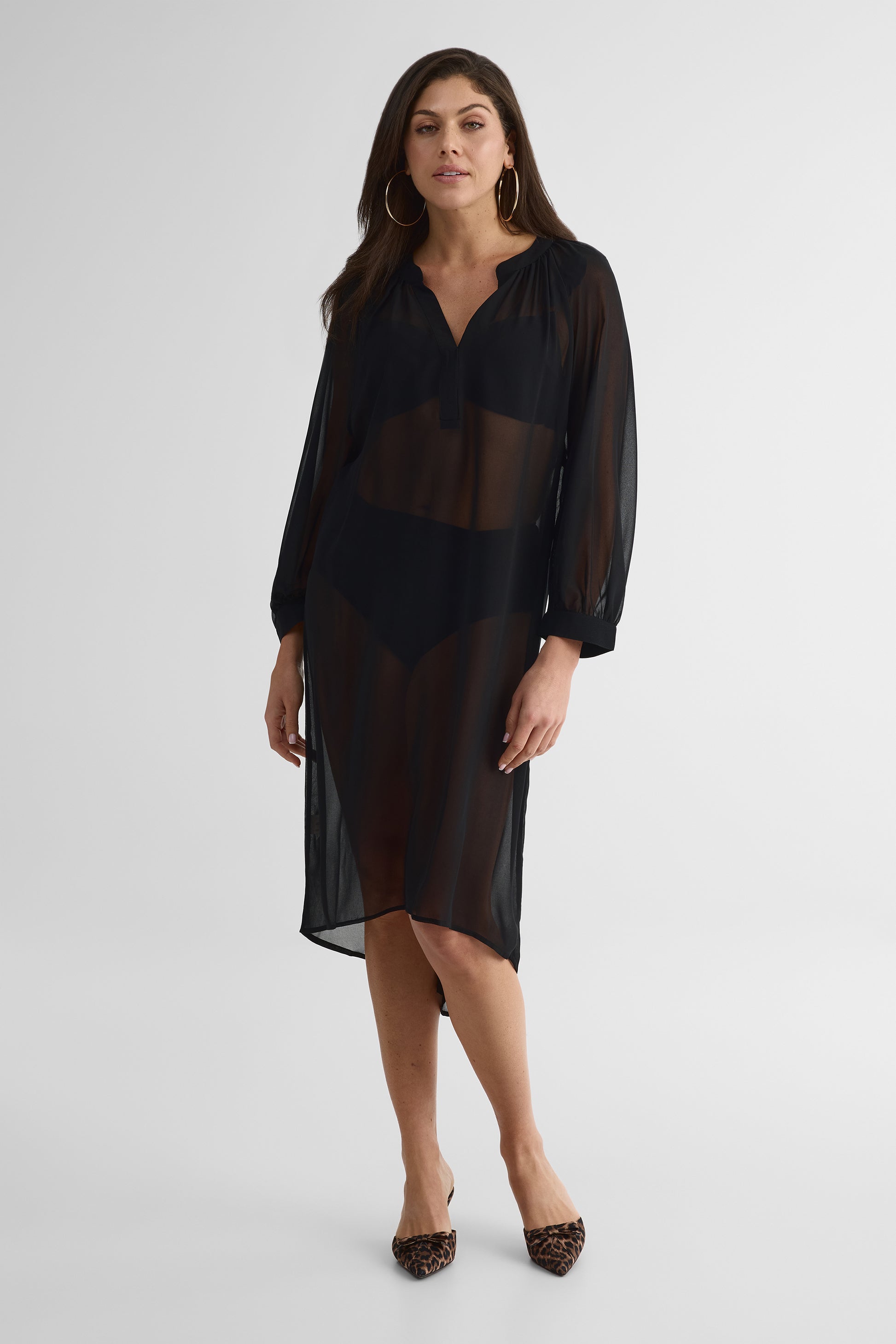Par-dessus M/longues col V en chiffon - Femme && NOIR