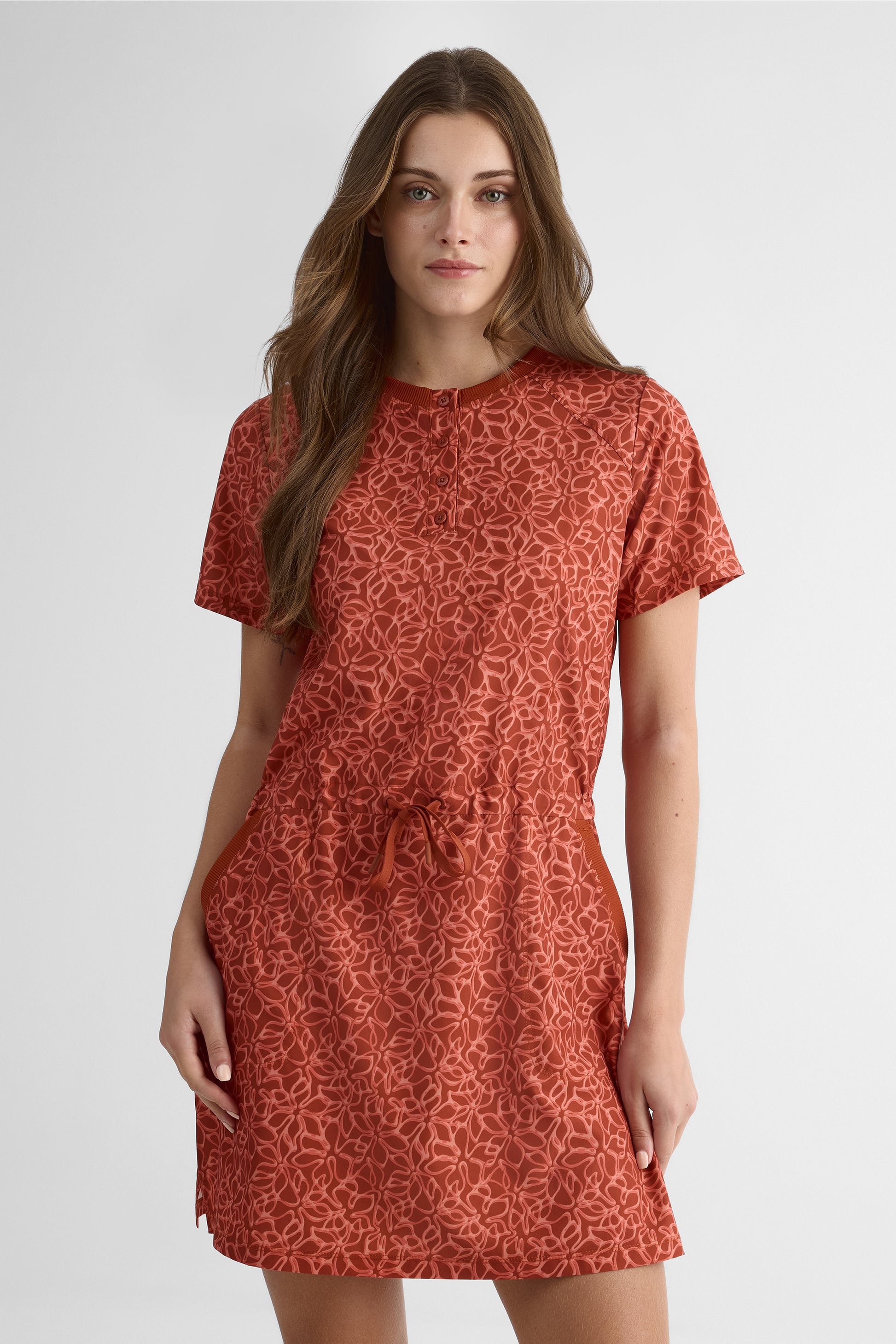 Robe M/courtes col rond semi-ajustée - Femme && ORANGE MULTI