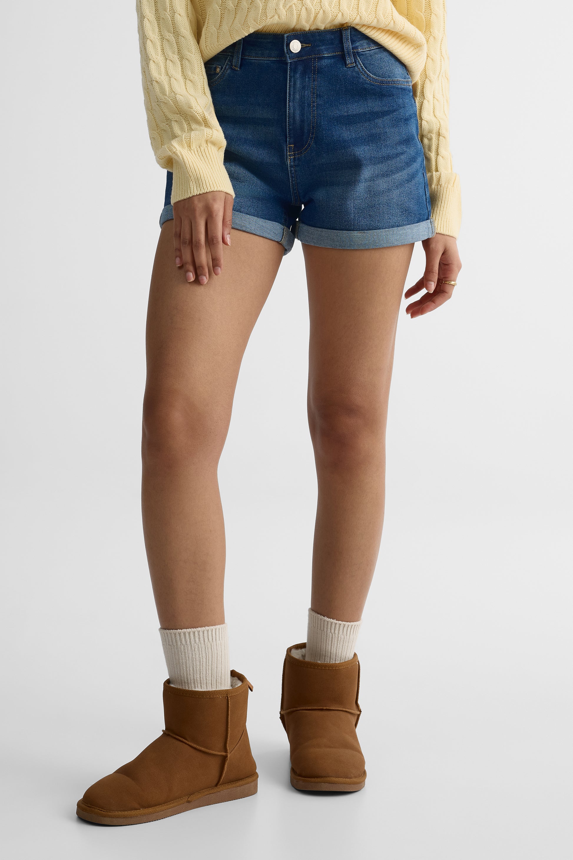 Short denim mom taille haute – Femme && DENIM MOYEN