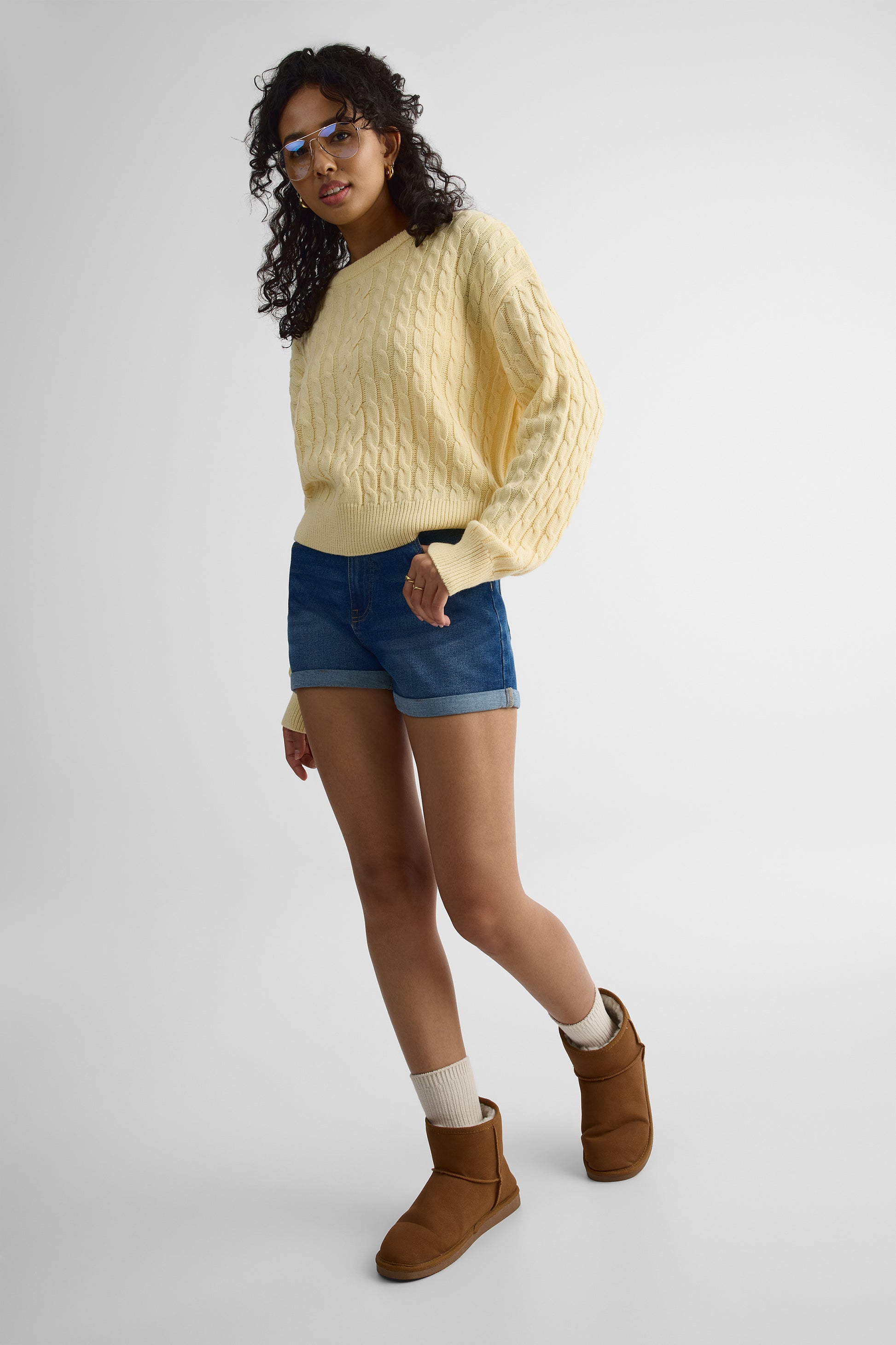 Short denim mom taille haute – Femme && DENIM MOYEN