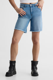 Short denim boyfriend taille mi-haute - Femme && DENIM MOYEN