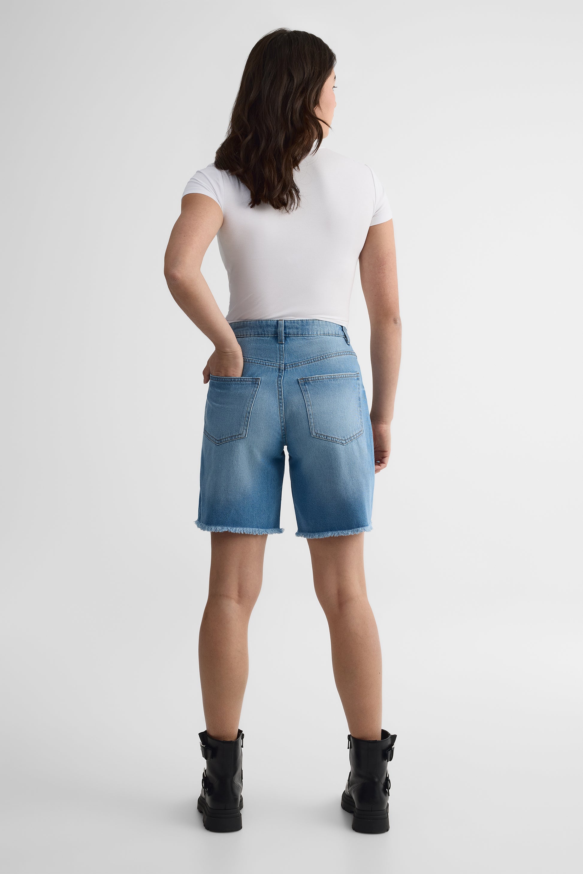 Short denim boyfriend taille mi-haute - Femme && DENIM MOYEN