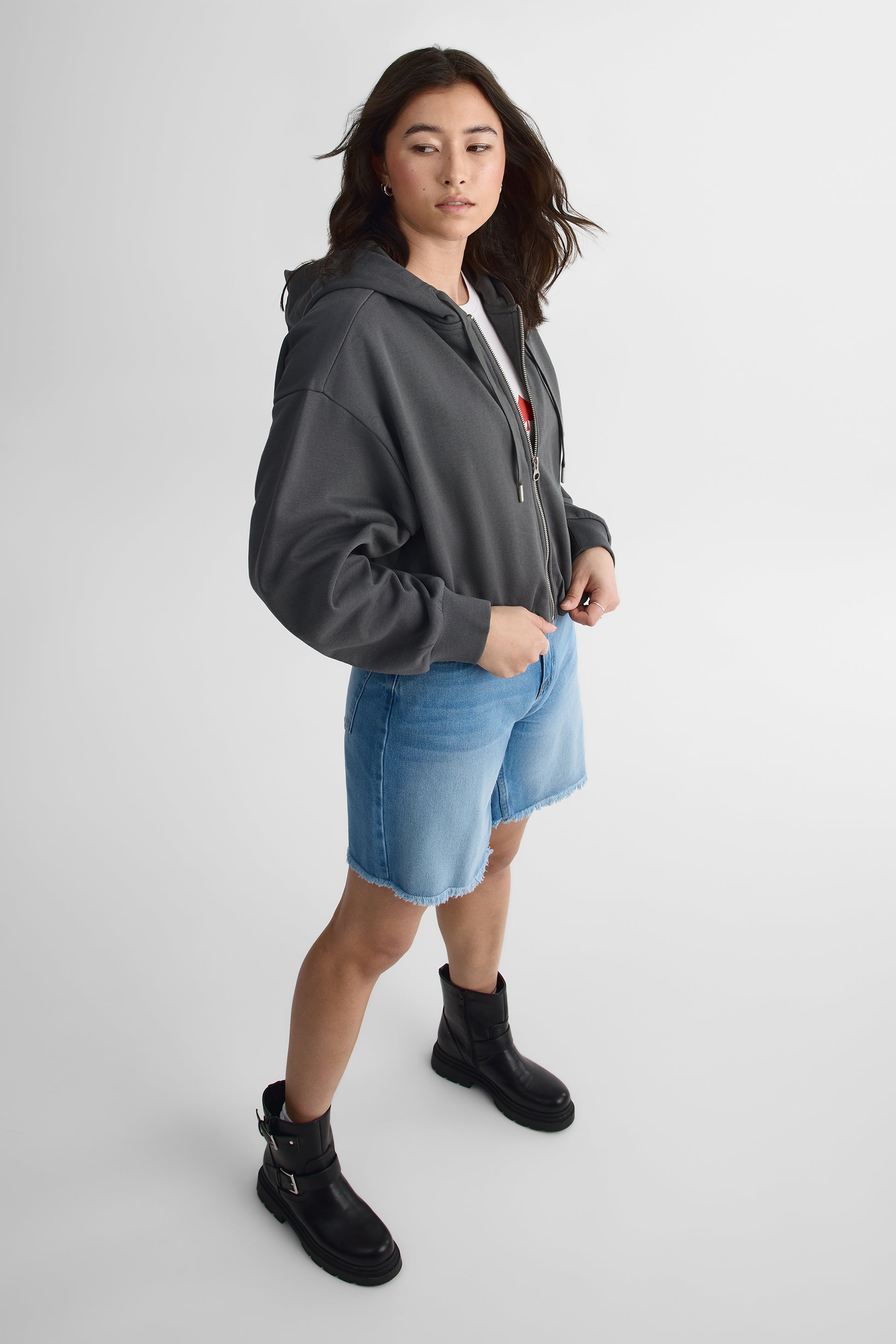 Short denim boyfriend taille mi-haute - Femme && DENIM MOYEN
