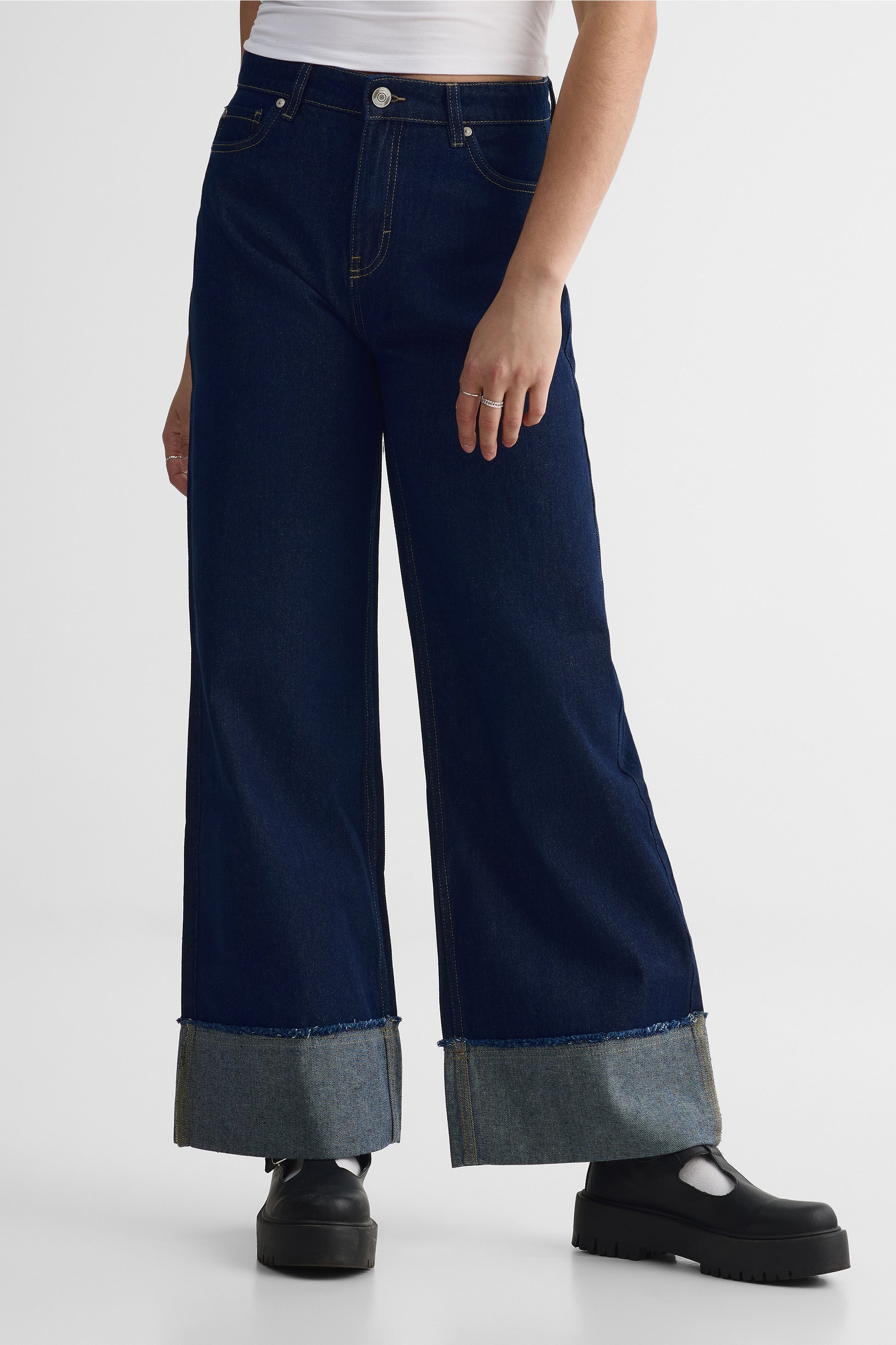 Jeans baggy taille basse en denim rigide - Femme && DENIM FONCE