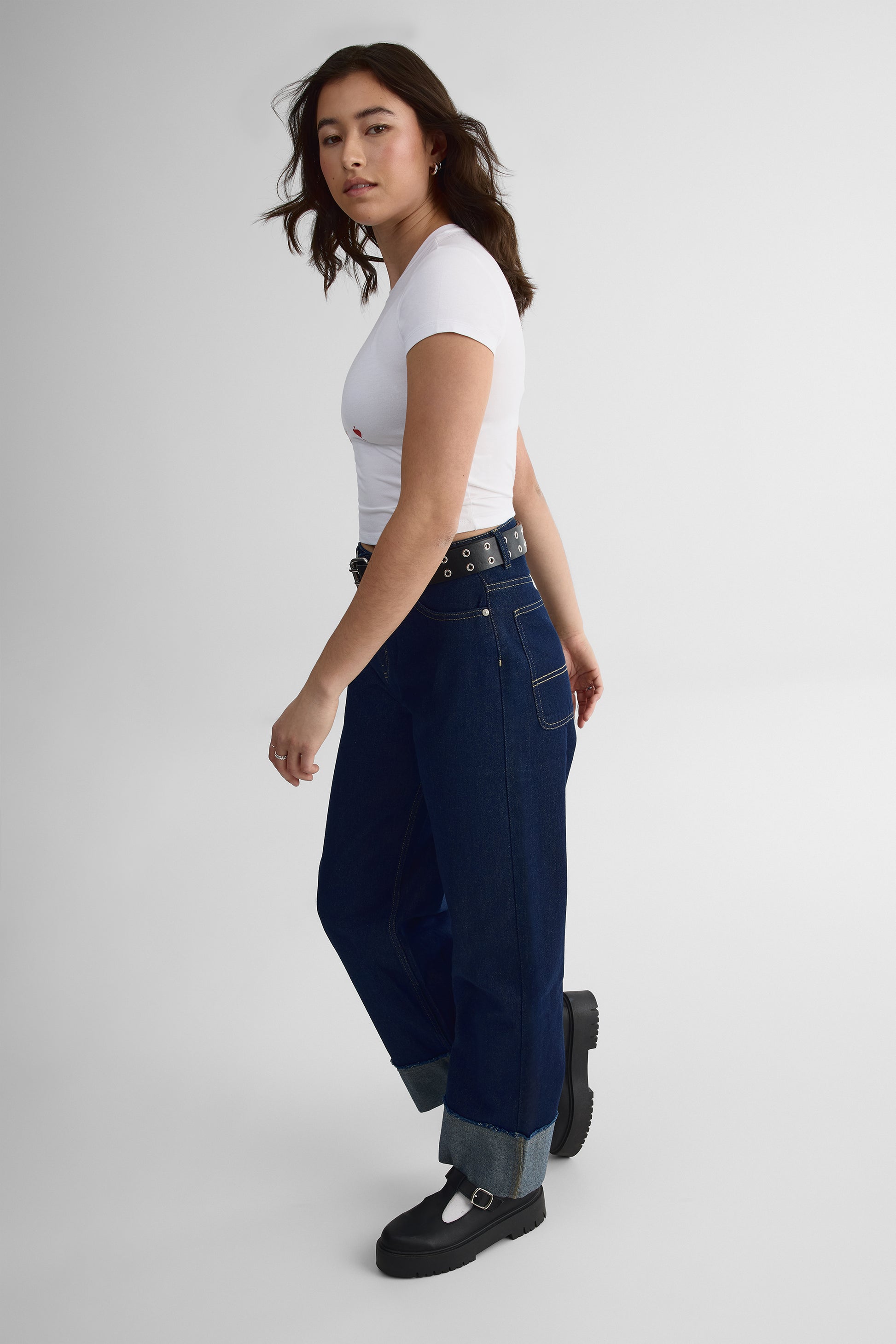 Jeans baggy taille basse en denim rigide - Femme && DENIM FONCE