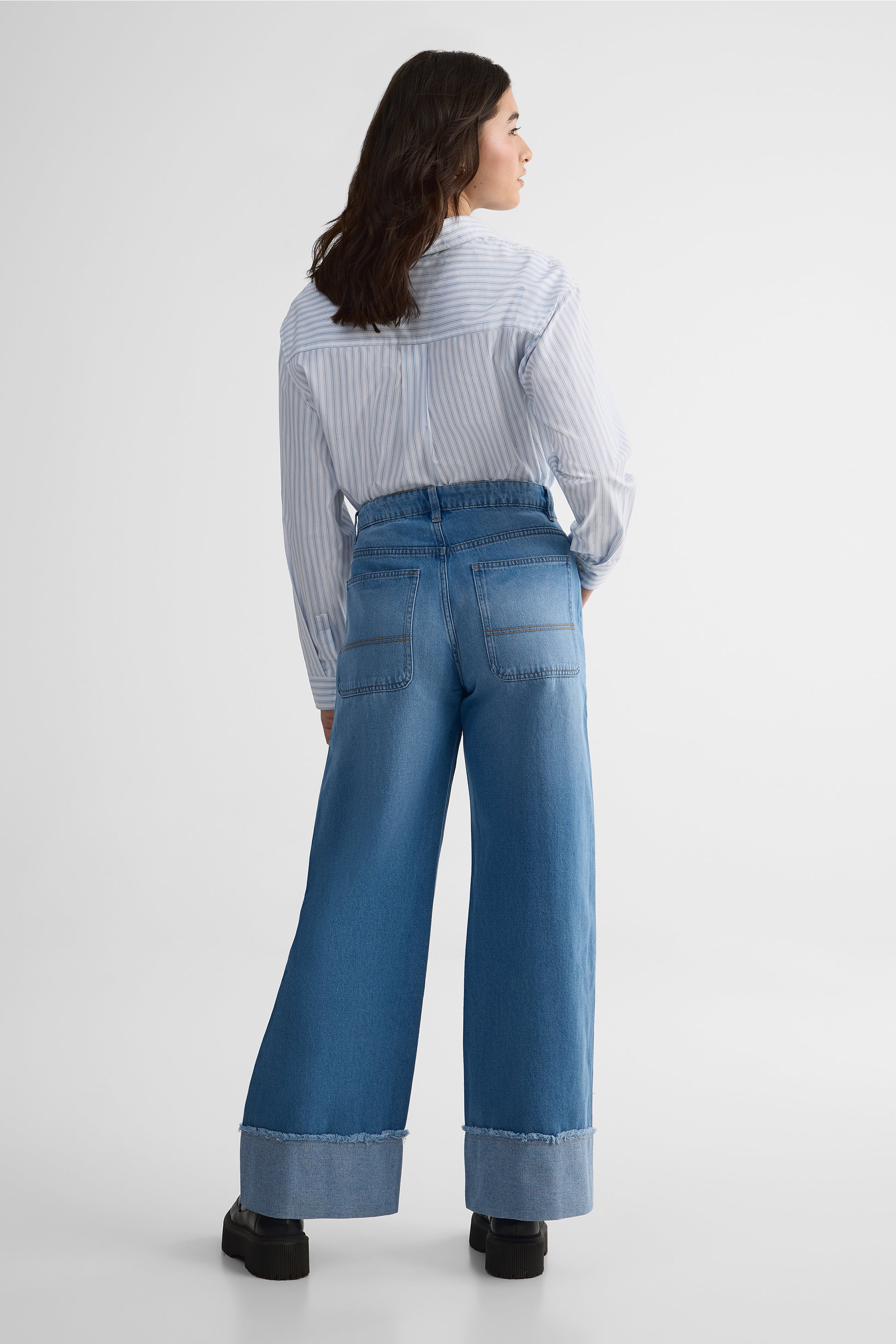 Jeans baggy taille basse en denim rigide - Femme && DENIM MOYEN