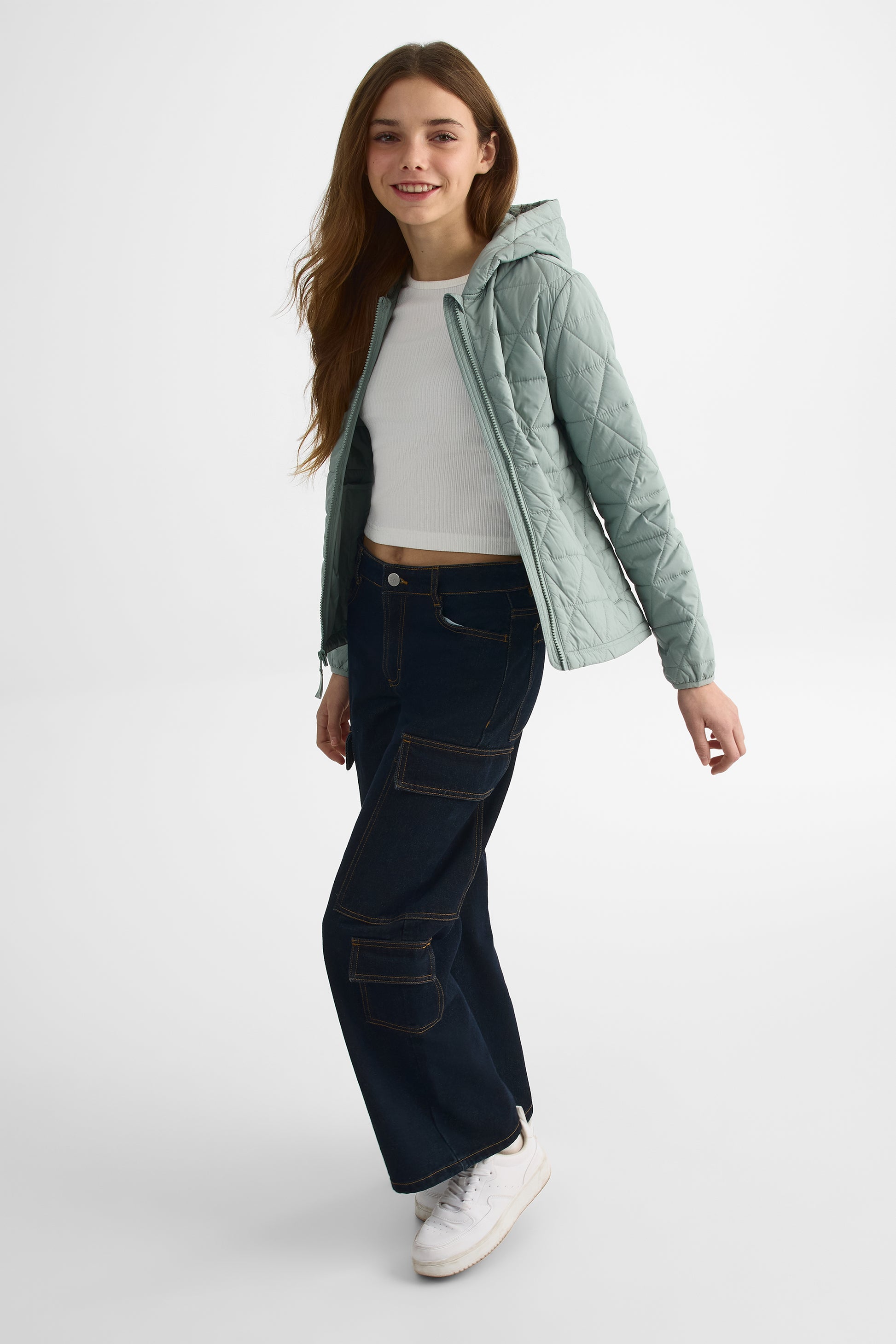 Manteau matelassé compressible avec capuchon - Ado fille && VERT DE GRIS