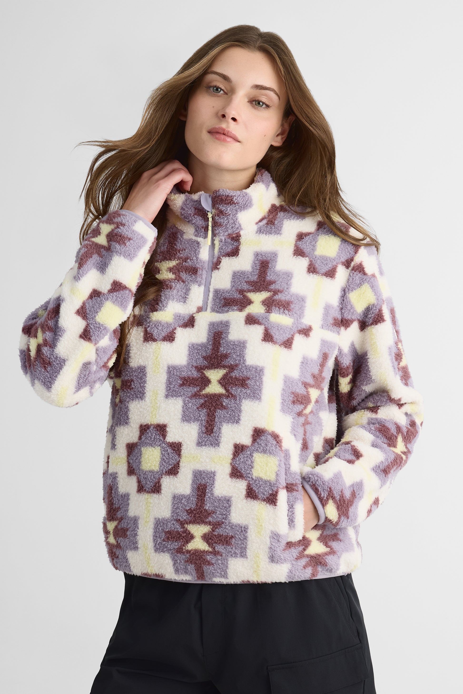 Chandail ample en plush avec col montant - Femme && LILAS MULTI