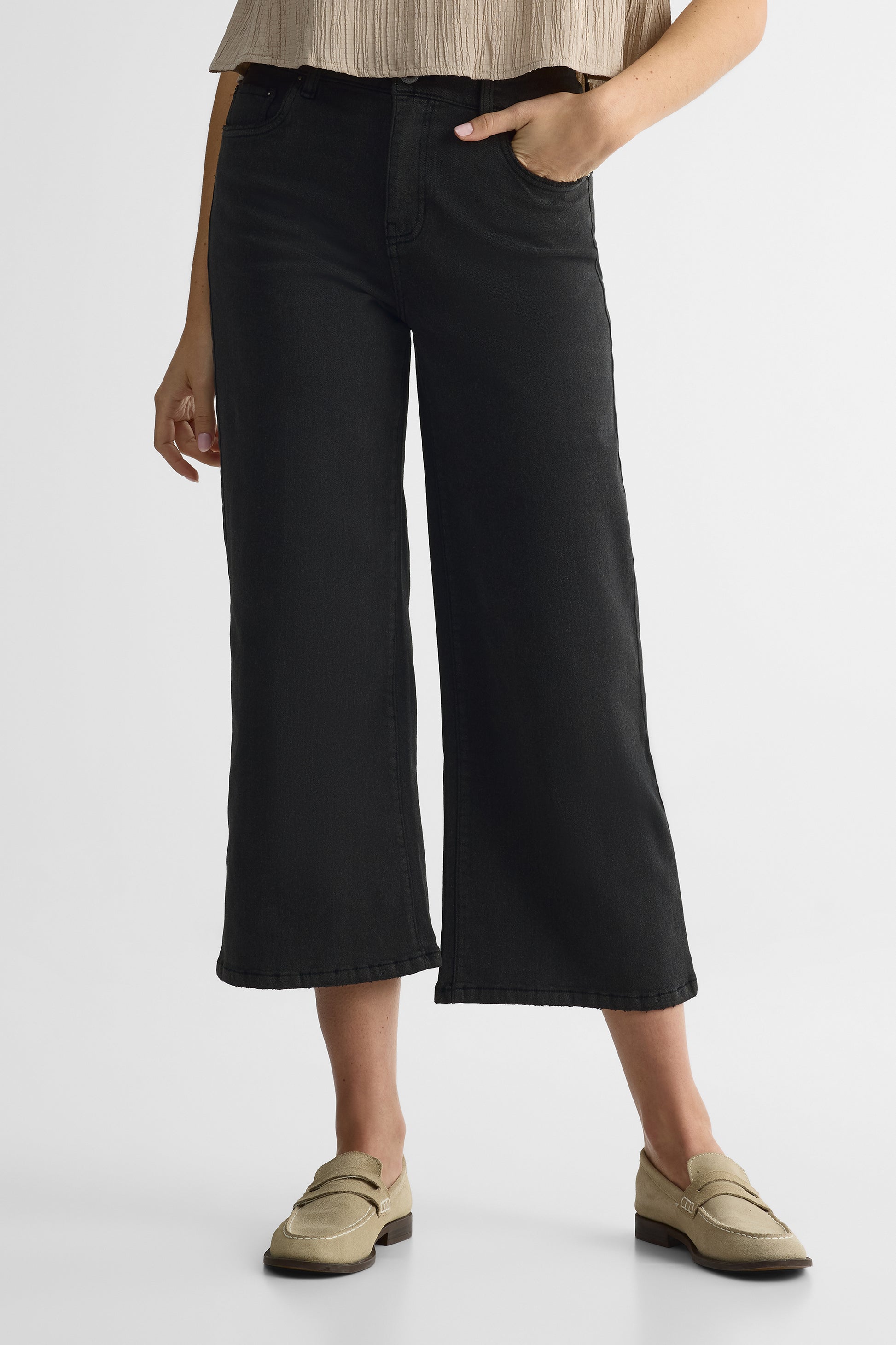 Jeans cropped taille haute élastique – Femme && DENIM GRIS