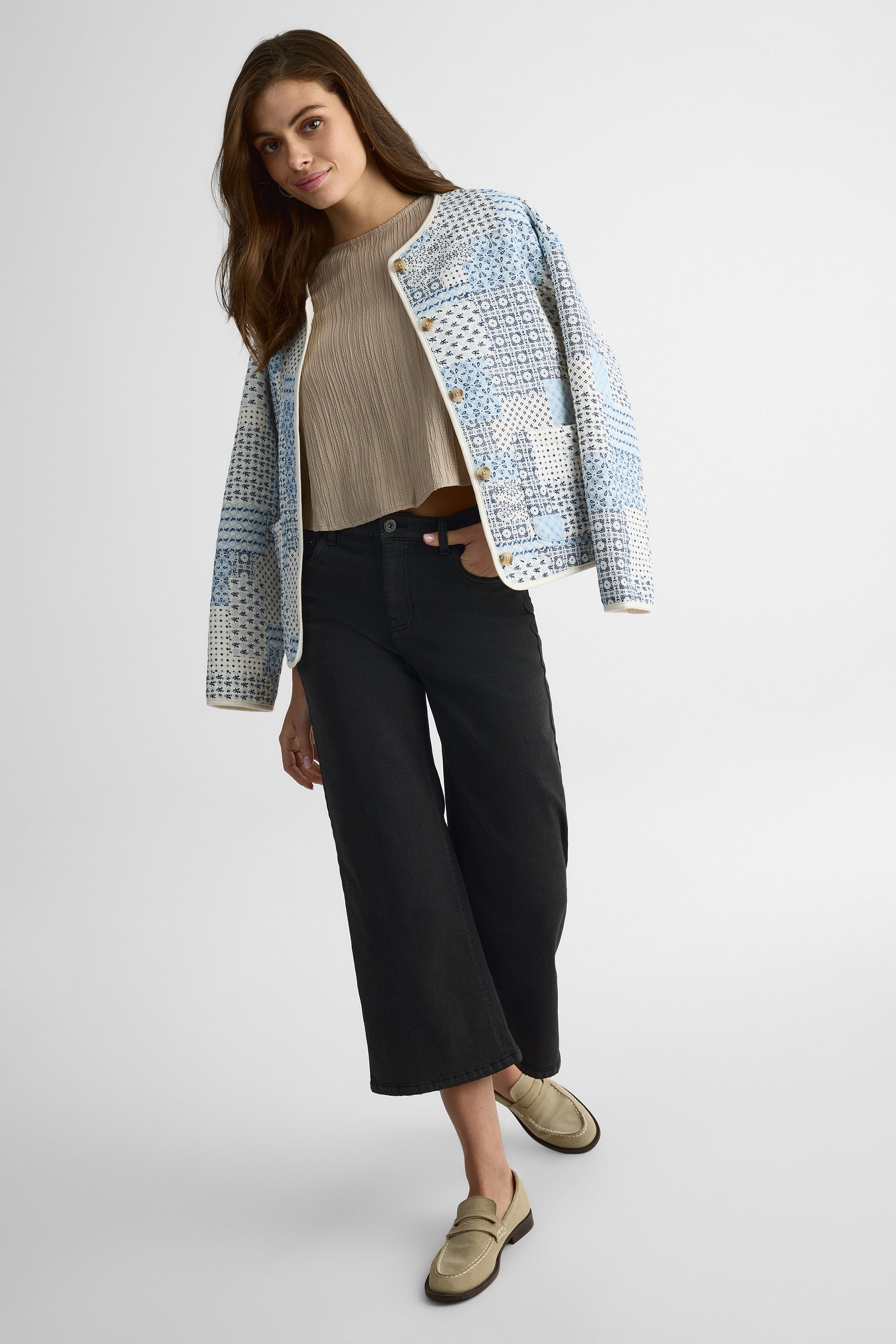 Jeans cropped taille haute élastique – Femme && DENIM GRIS