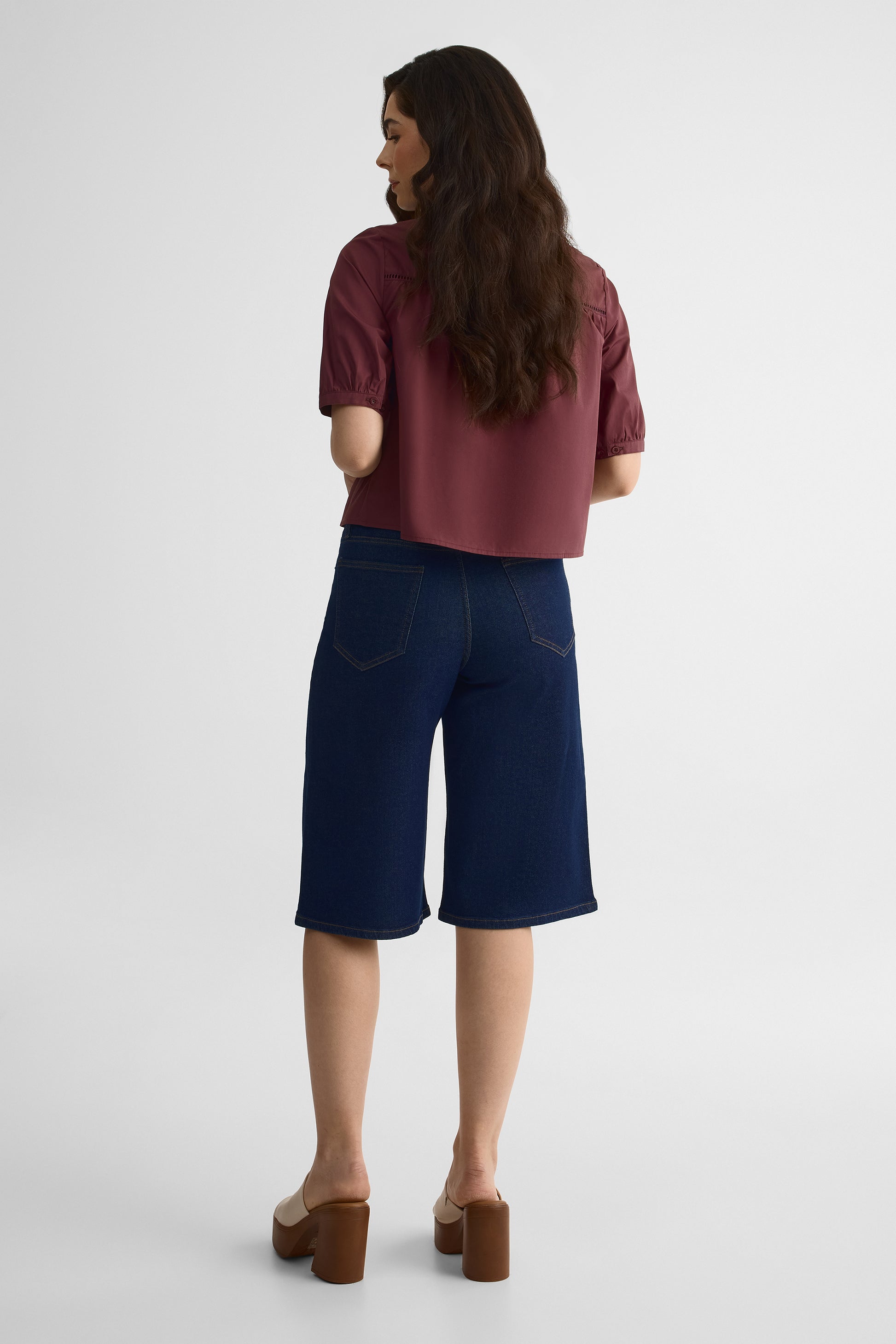 Bermudas en denim taille haute – Femme && DENIM FONCE