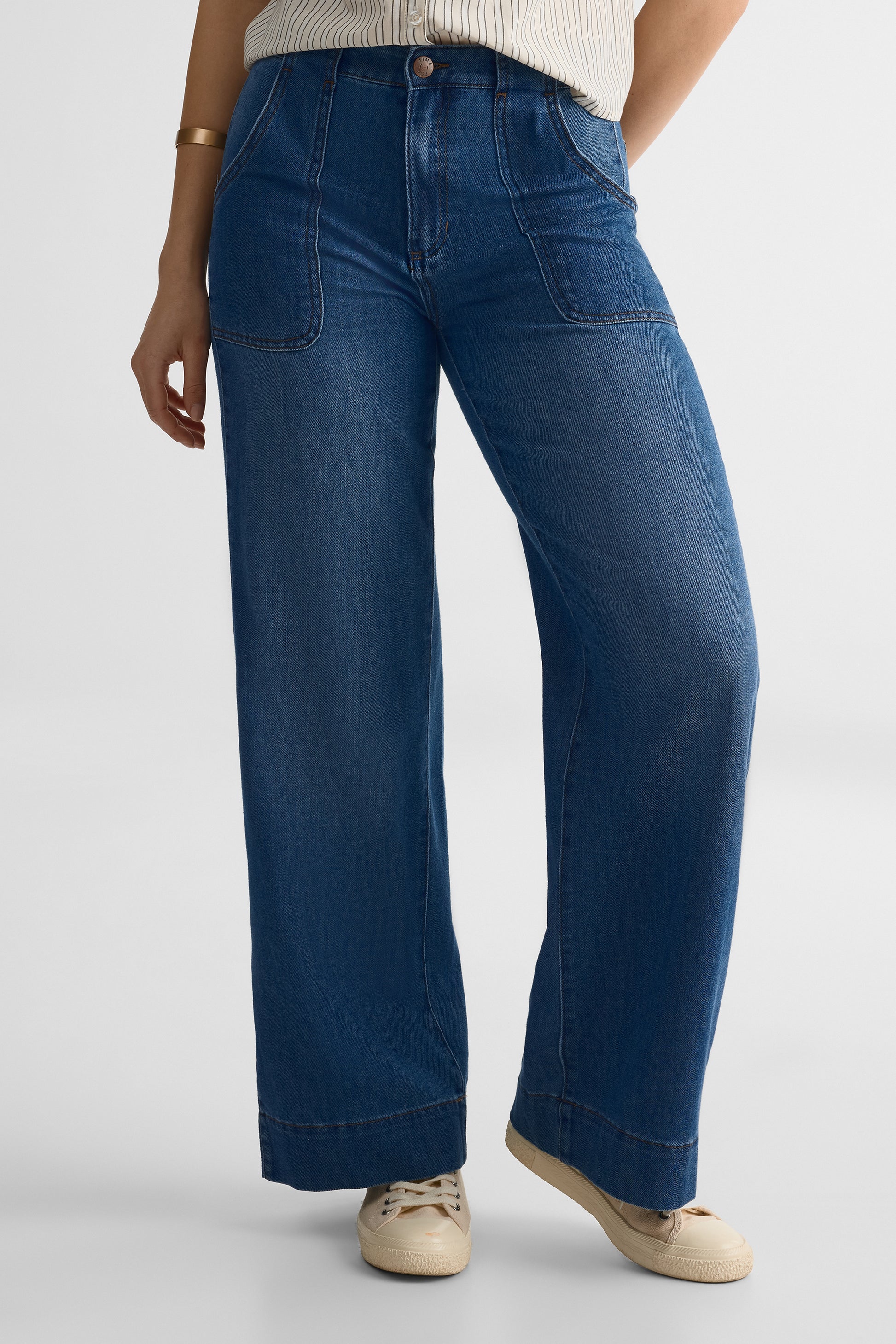 Jeans taille haute jambe large – Femme && DENIM MOYEN