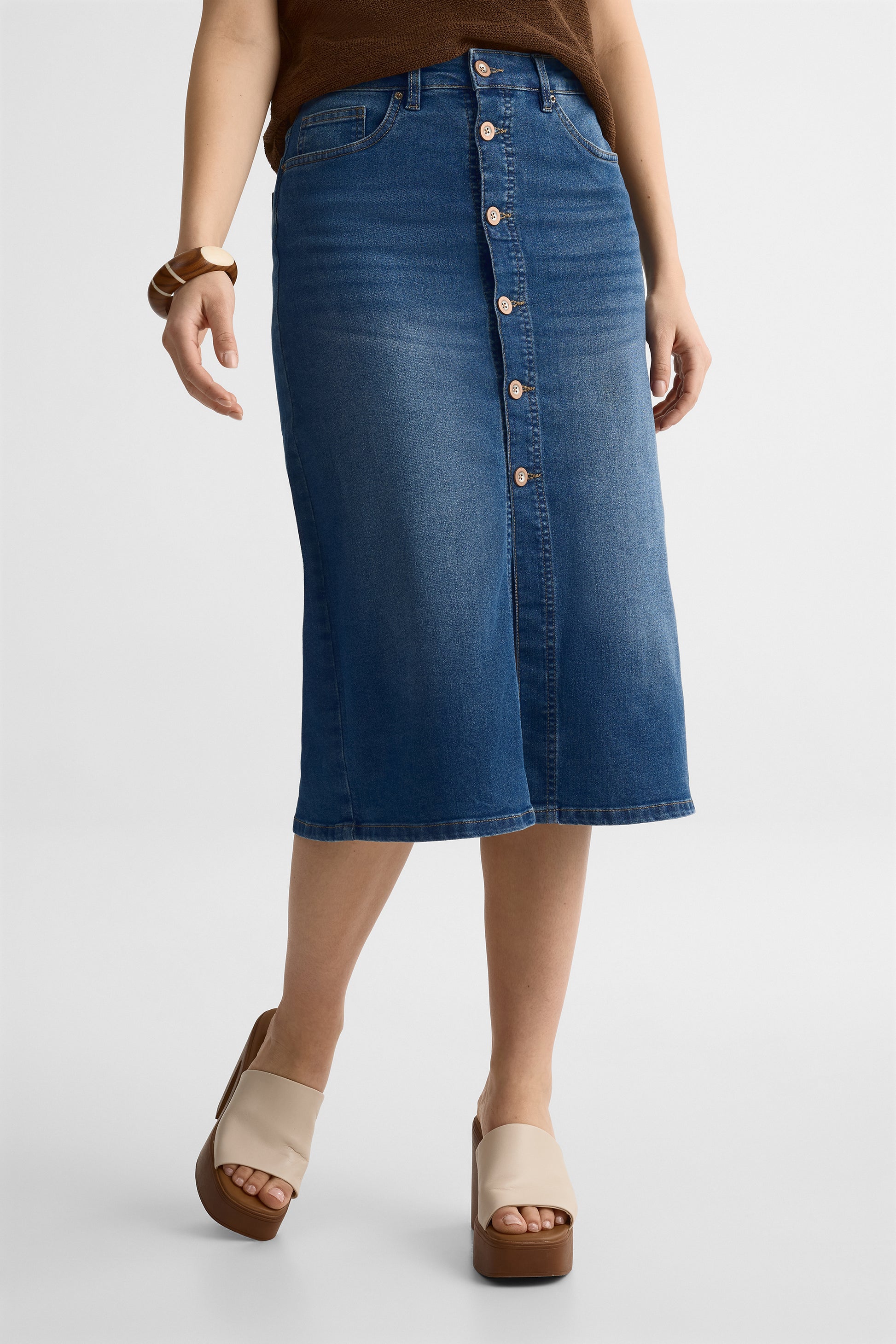 Jupe denim taille haute A-line – Femme && DENIM MOYEN