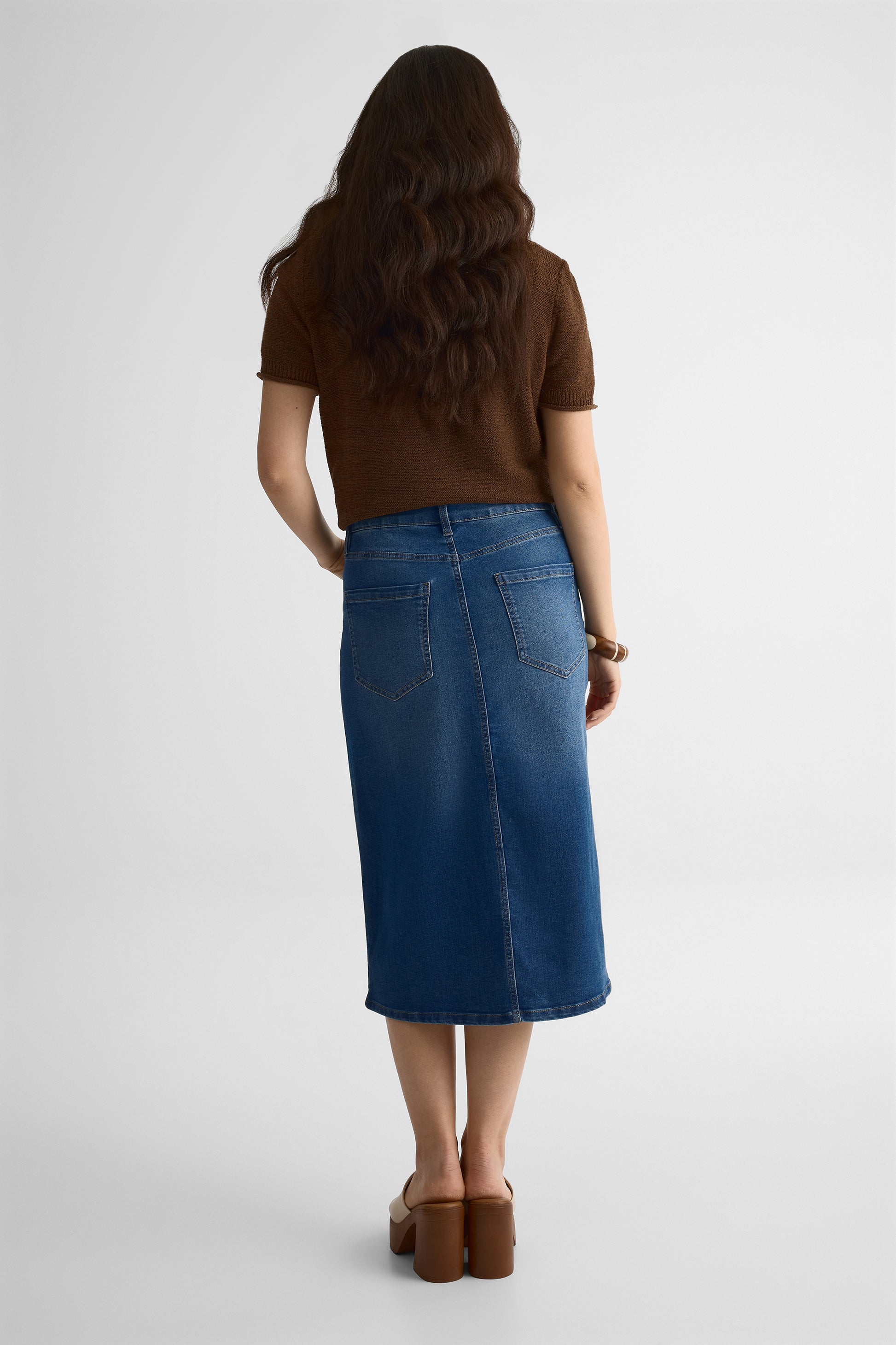 Jupe denim taille haute A-line – Femme && DENIM MOYEN