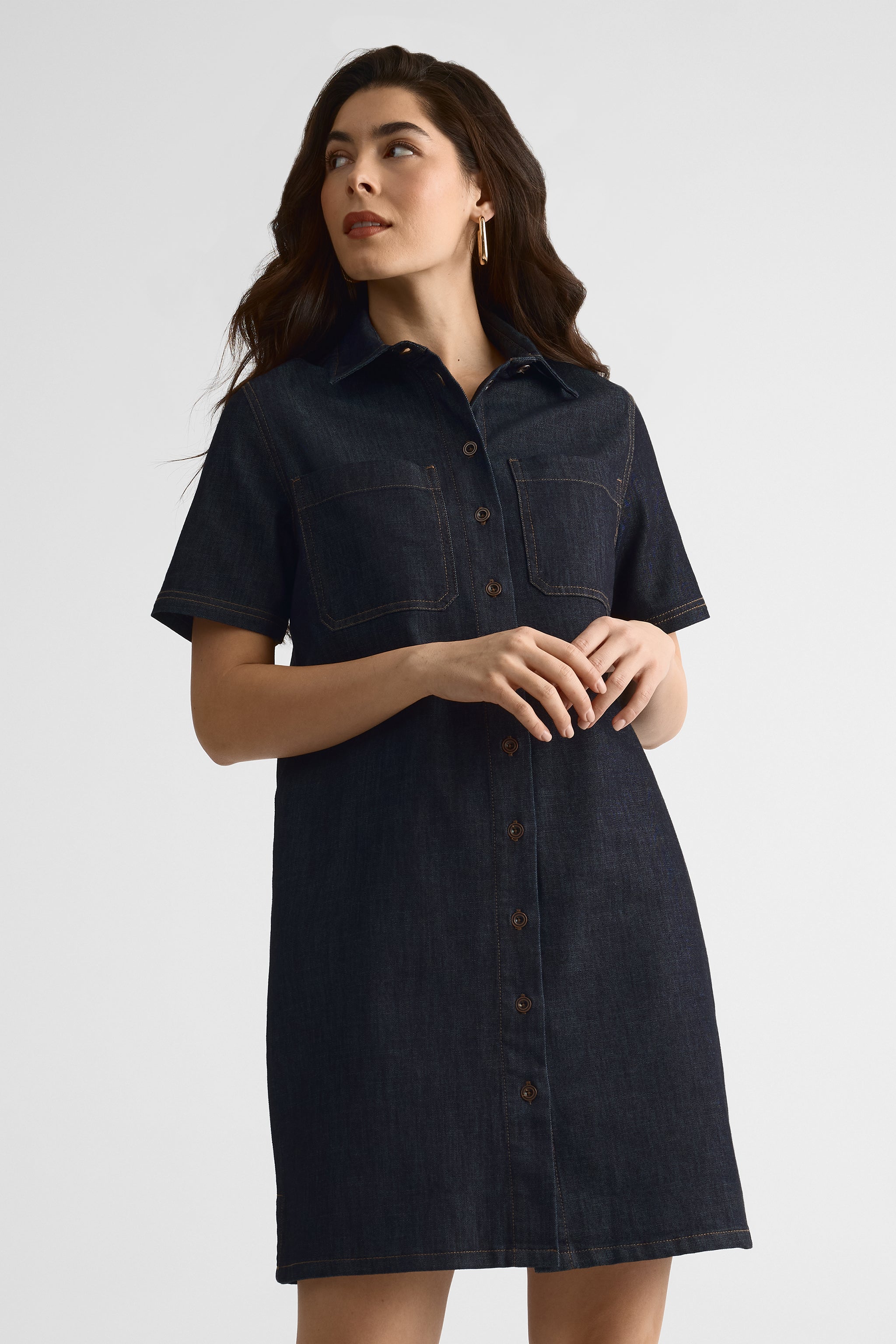 Robe en denim A-line à boutons – Femme && DENIM FONCE