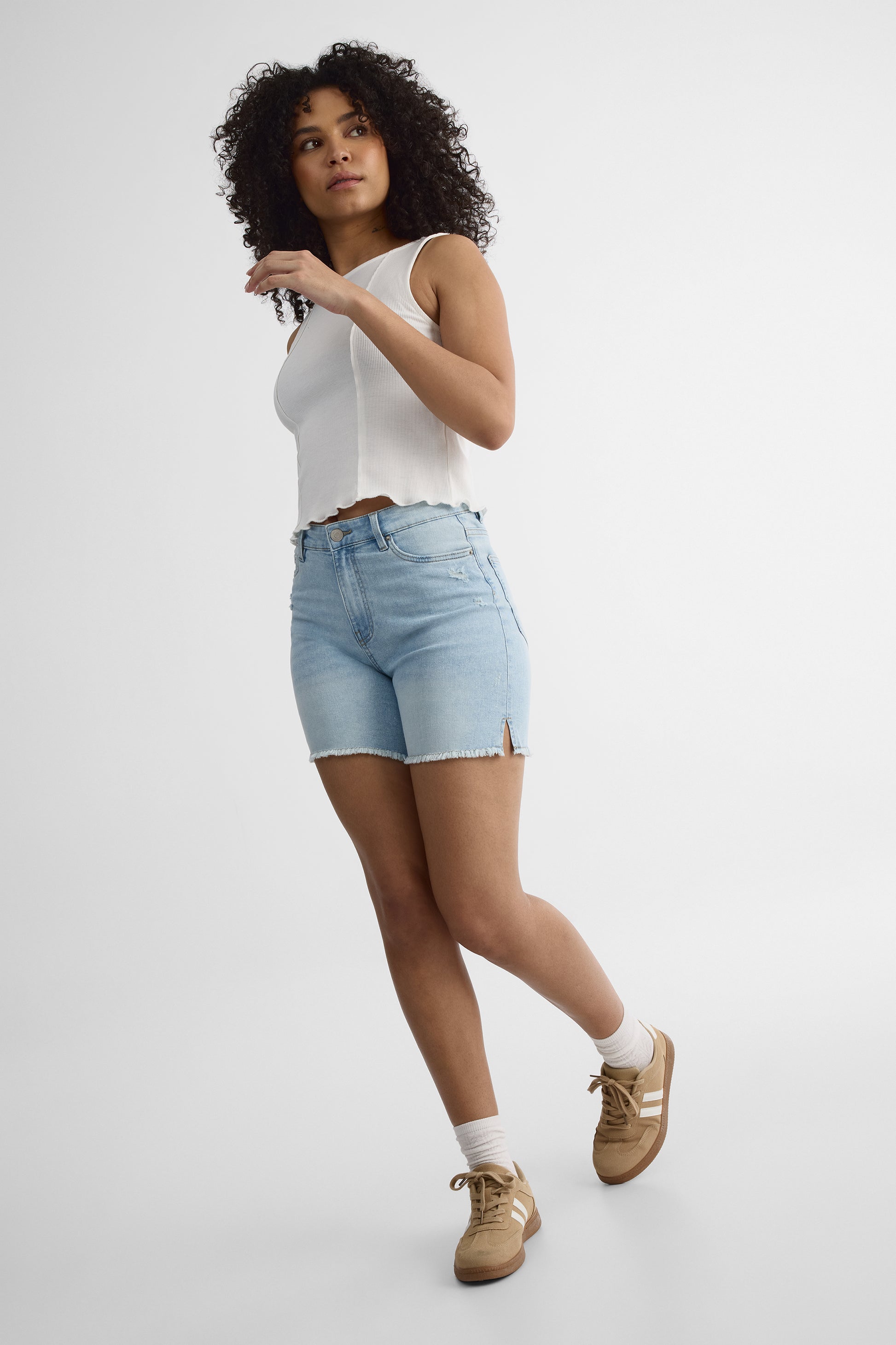 Short denim taille haute 90's - Femme && DENIM PALE