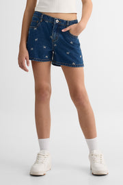Short court en denim, revers roulé - Ado fille && DENIM FONCE