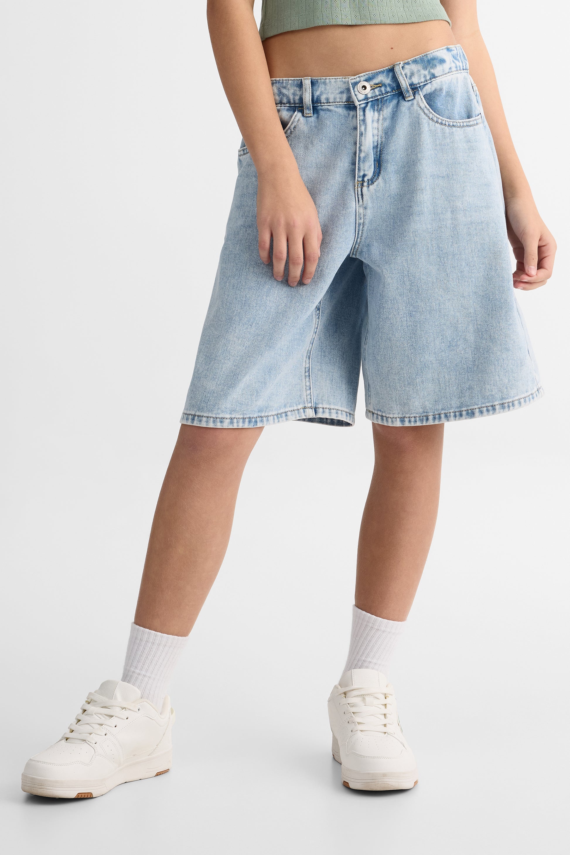 Bermudas en denim semi-taille élastique - Ado fille && DENIM PALE