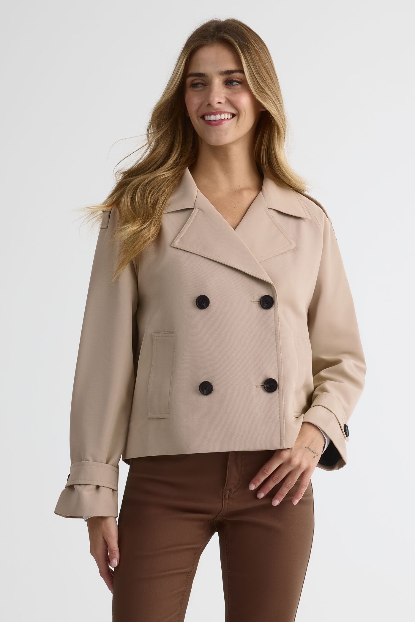 Manteau trench col tailleur en twill - Femme && BEIGE
