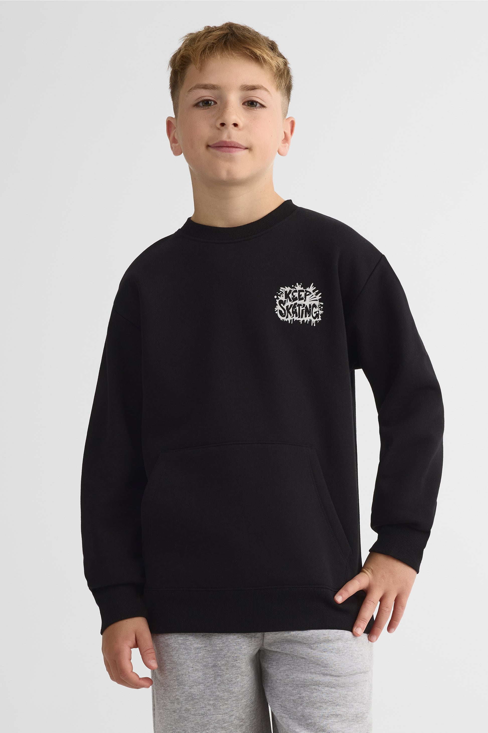 Chandail ouaté col rond imprimé – Ado garçon && NOIR