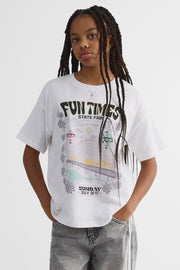 Chandail M/courtes oversize avec graphique - Ado fille && BLANC
