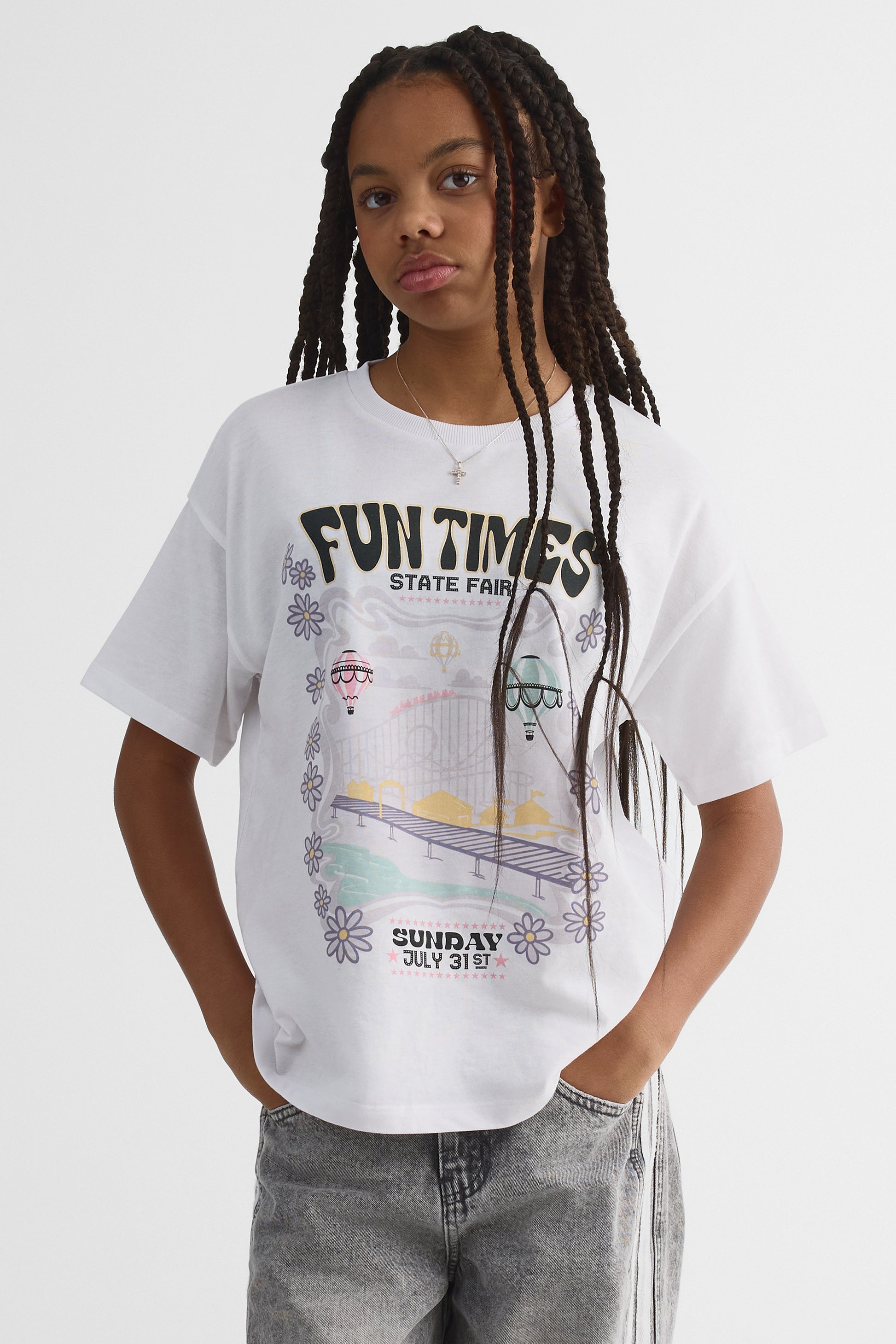 Chandail M/courtes oversize avec graphique - Ado fille && BLANC