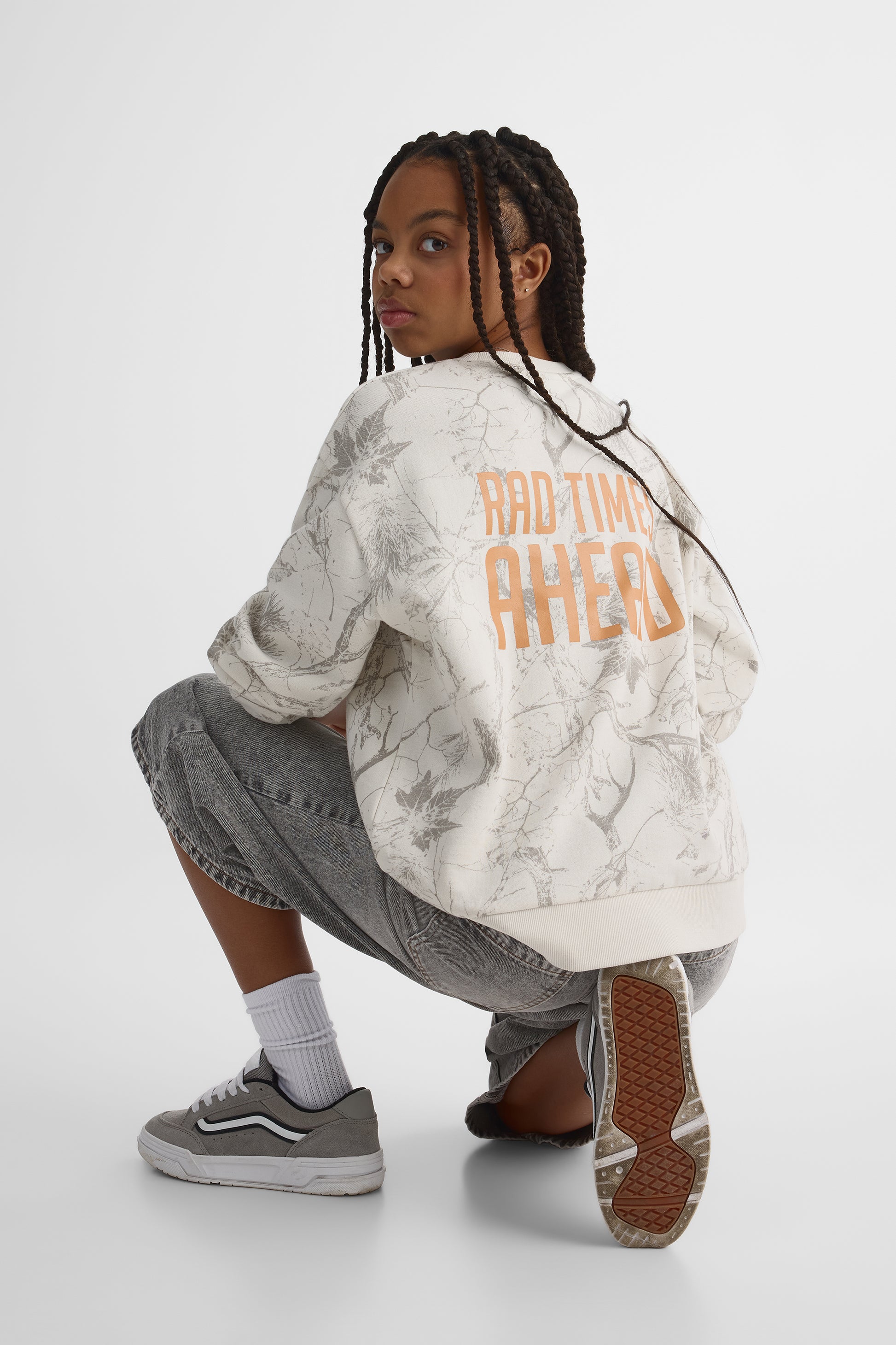 Chandail ouaté col rond, manches longues - Ado fille && GRIS MULTI