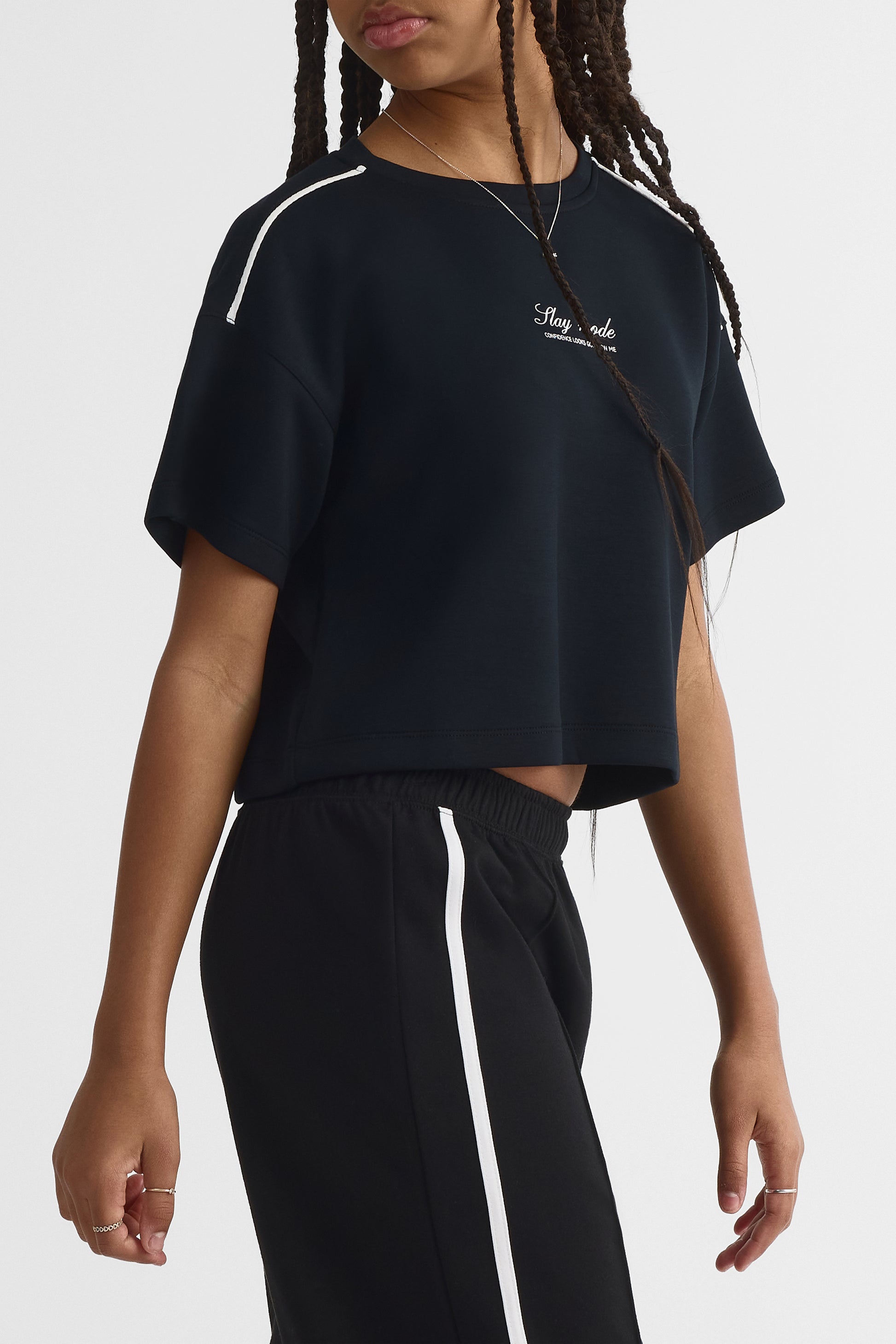 Chandail cropped M/courtes avec imprimé – Ado fille && NOIR