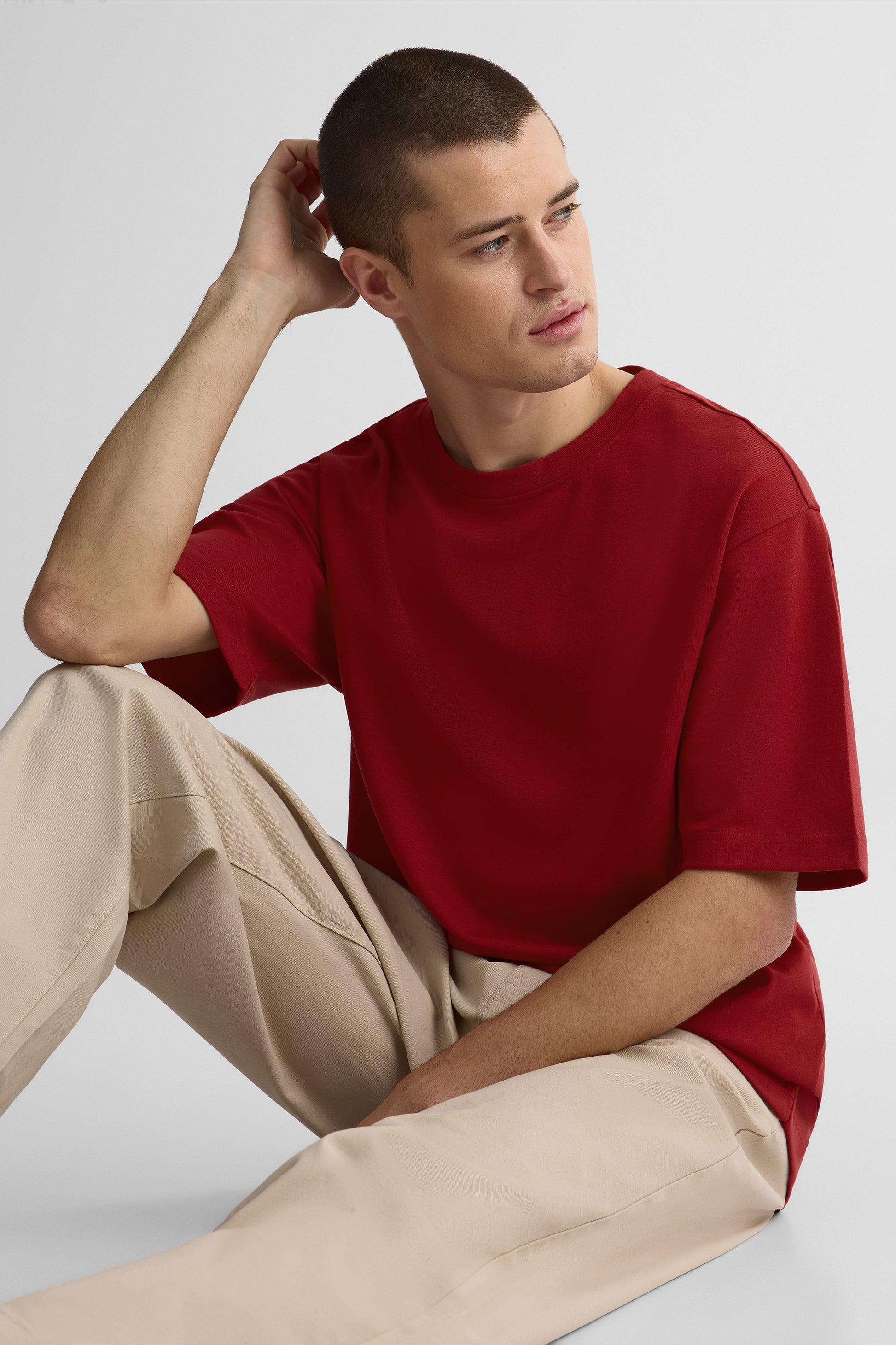 T-shirt uni manches courtes en slick jersey - Jeune homme && ROUGE