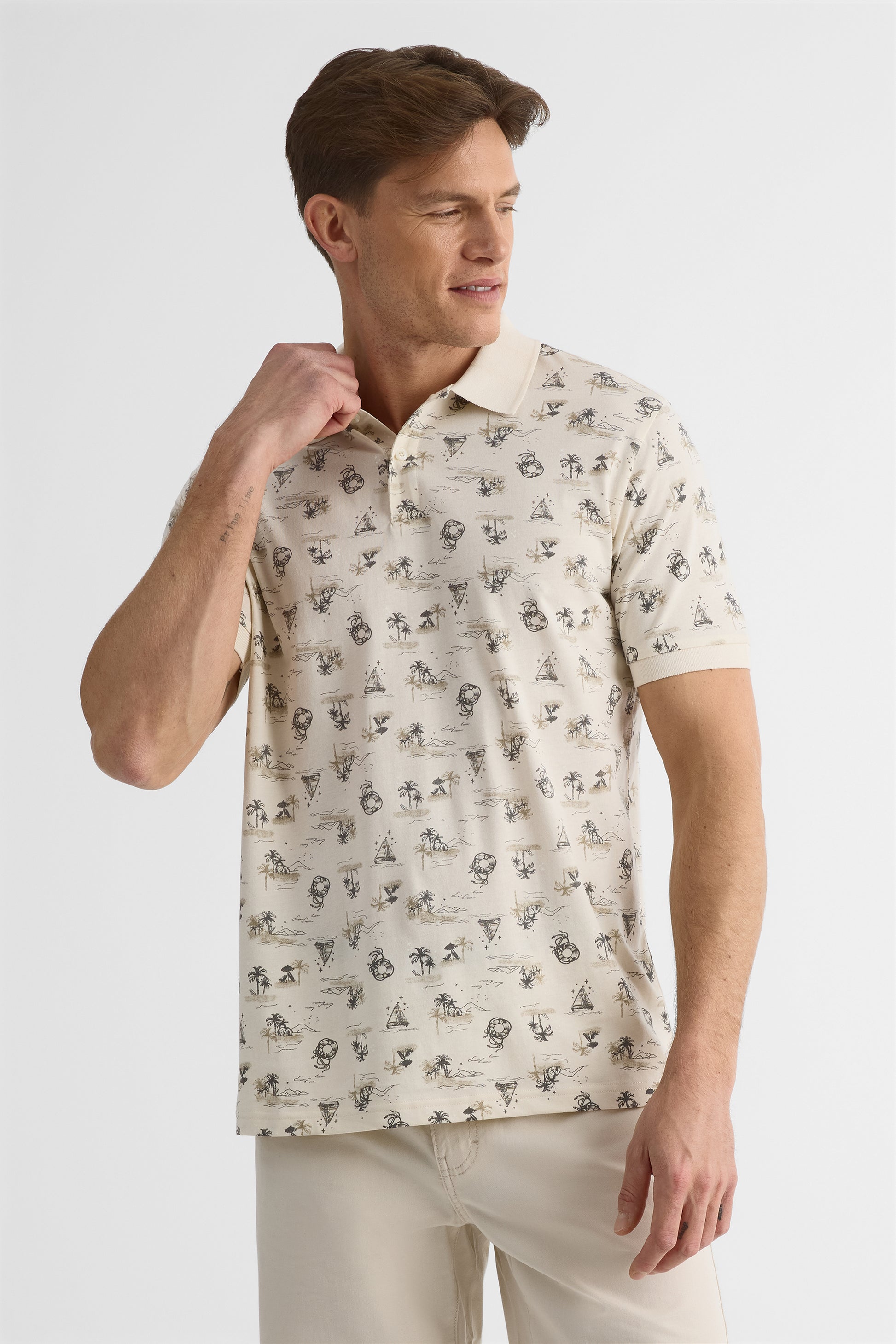 Chandail polo imprimé en coton - Homme && BEIGE/MULTI