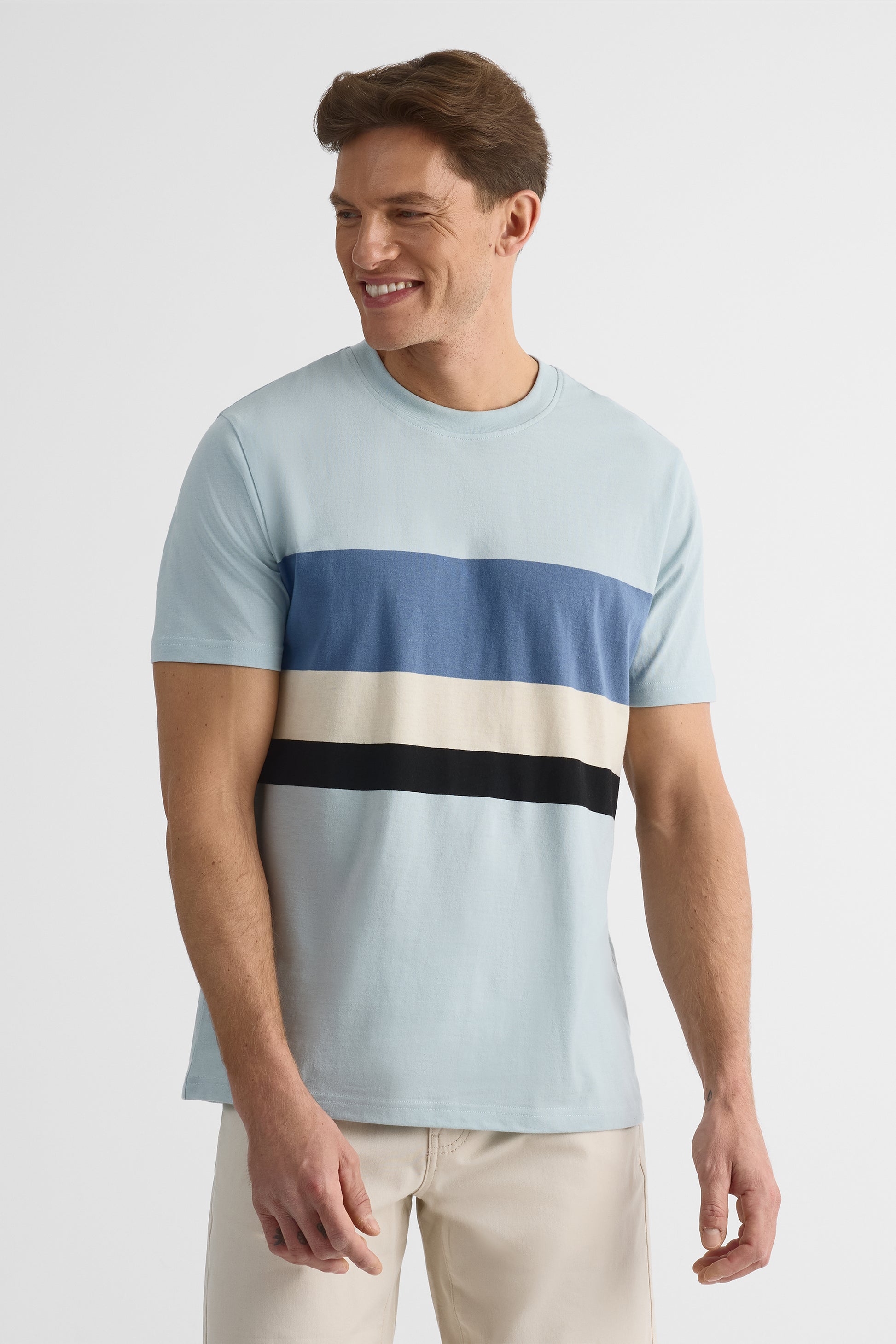 T-shirt rayé col rond en coton - Homme && BLEU MULTI