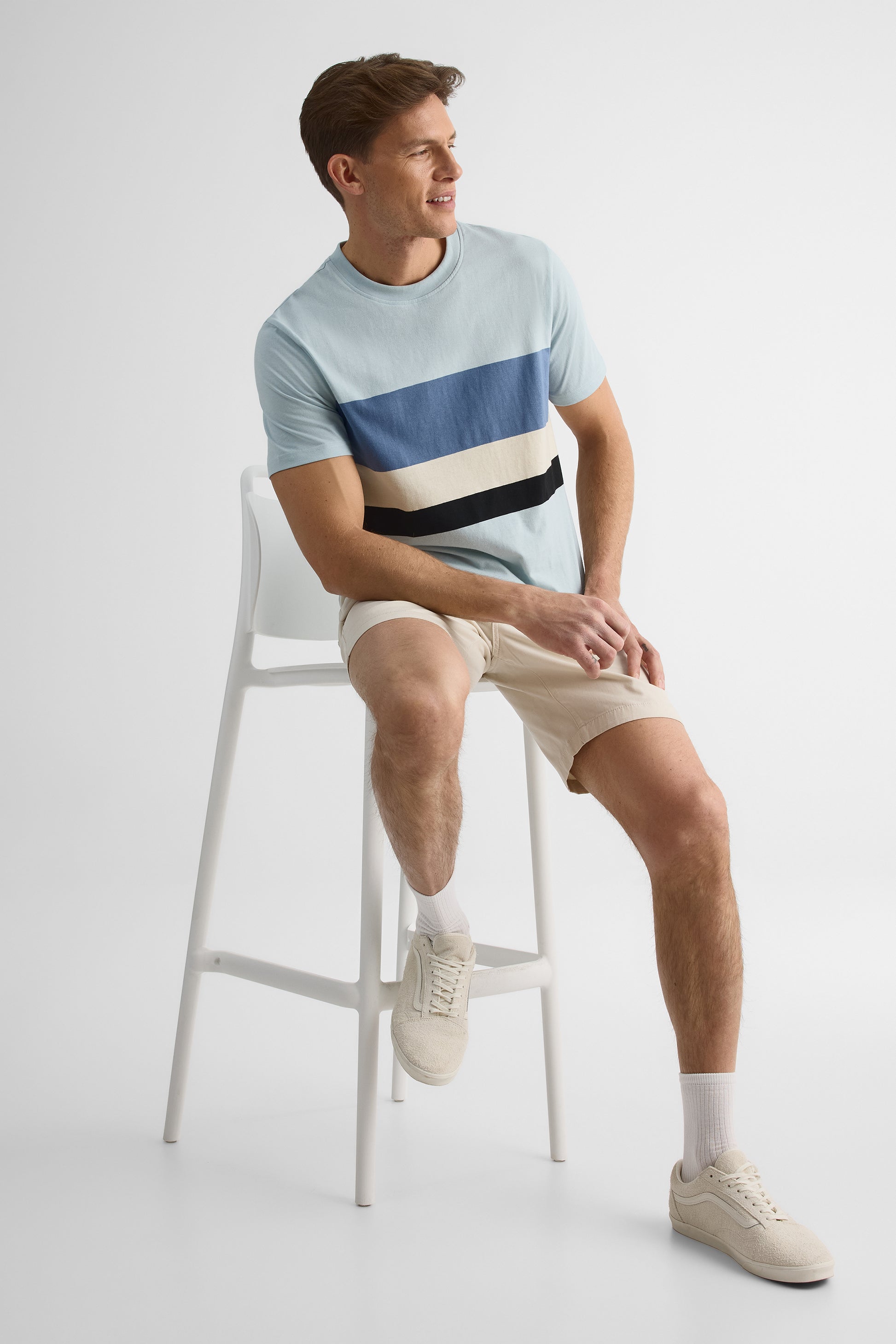 T-shirt rayé col rond en coton - Homme && BLEU MULTI
