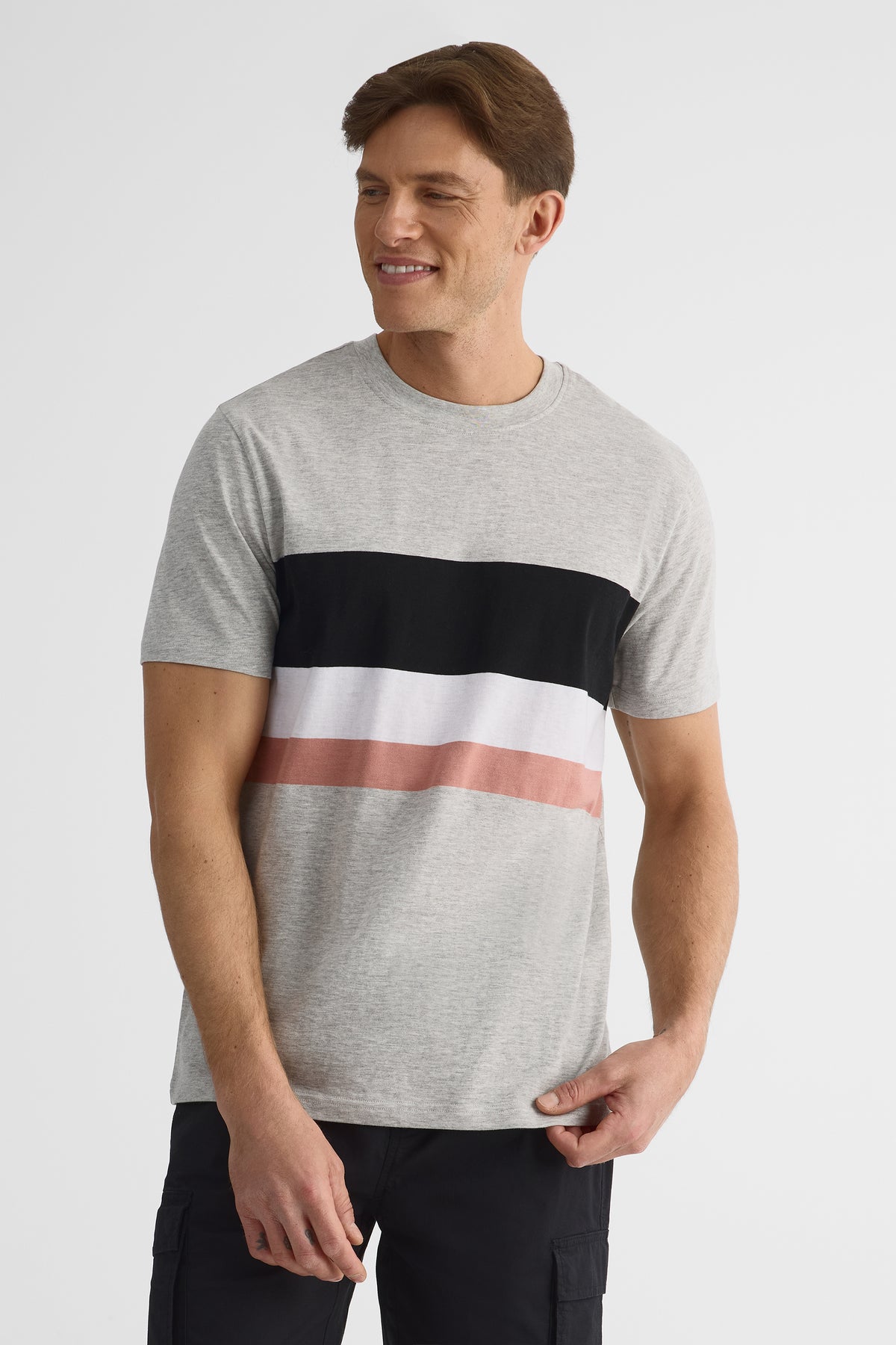 T-shirt rayé col rond en coton - Homme && GRIS MULTI