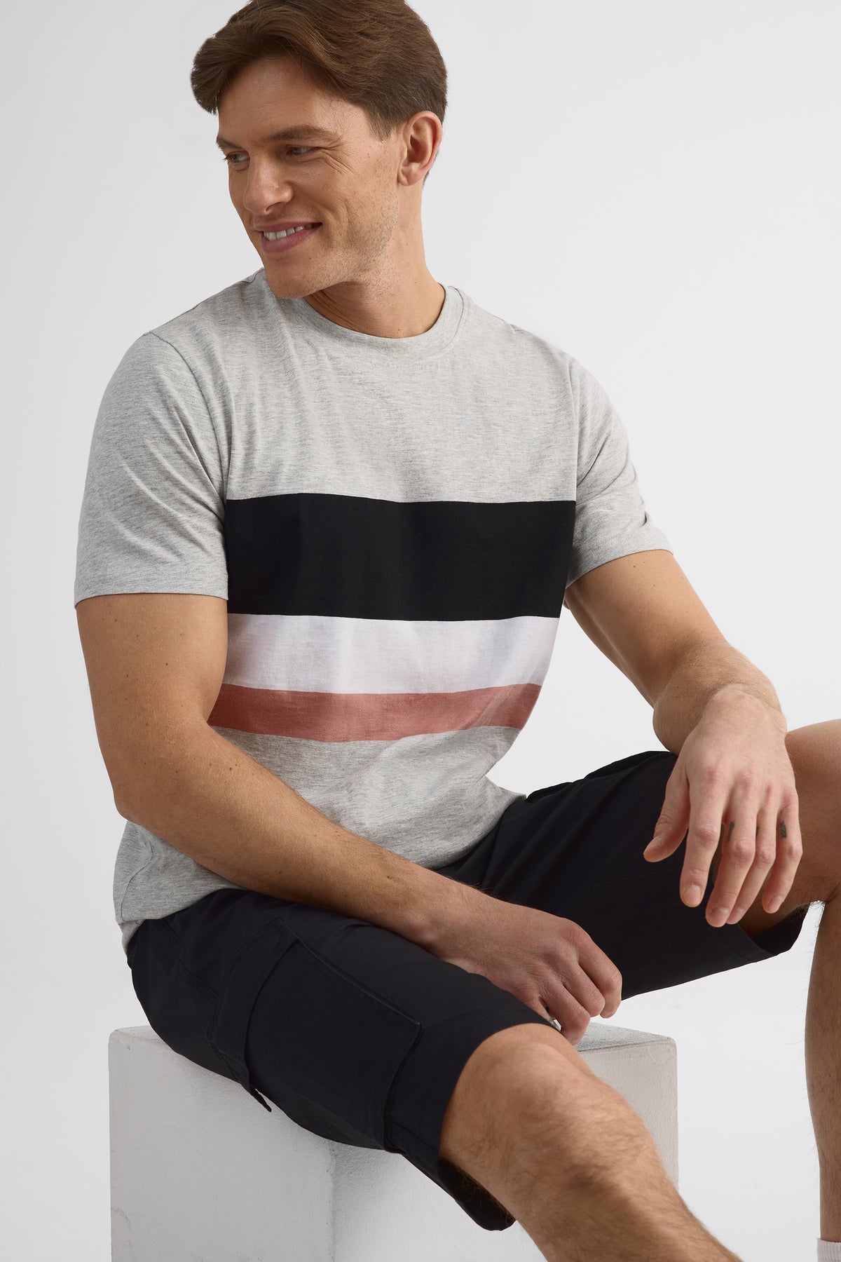 T-shirt rayé col rond en coton - Homme && GRIS MULTI